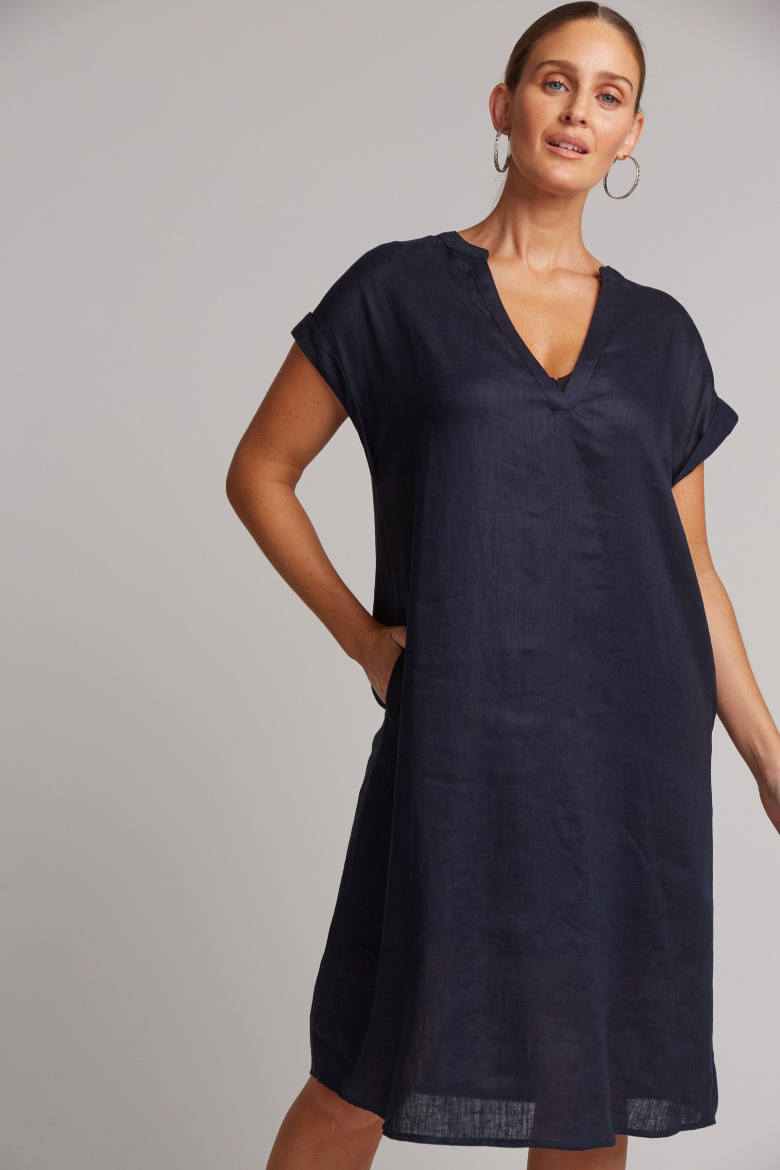 Eb&Ive Studio Linen Midi Dress with pockets Navy Work Dress