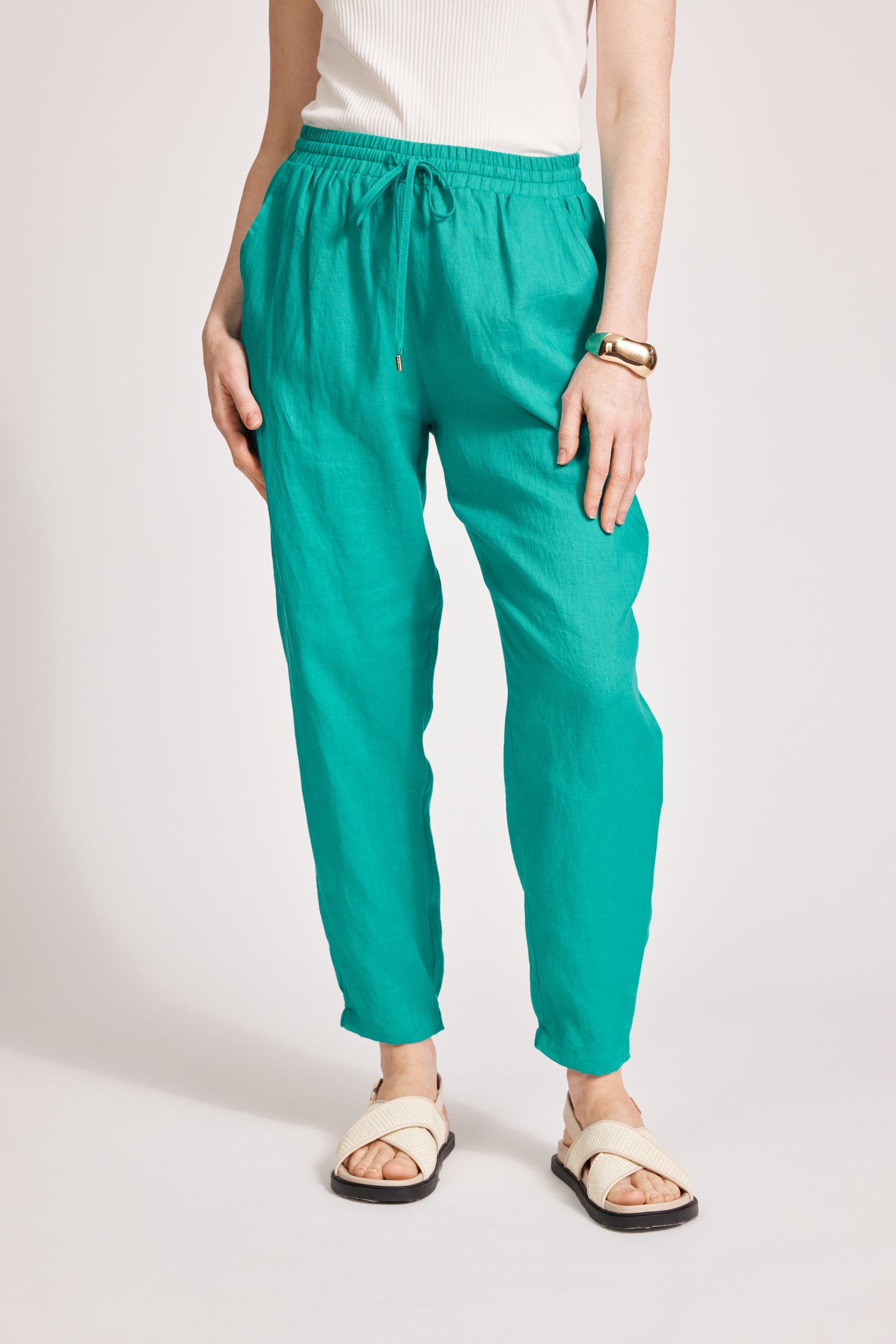 Eb&Ive Miramar Linen pant Relaxed linen jogger summer drawstring waist slim tapered leg lagoon blue