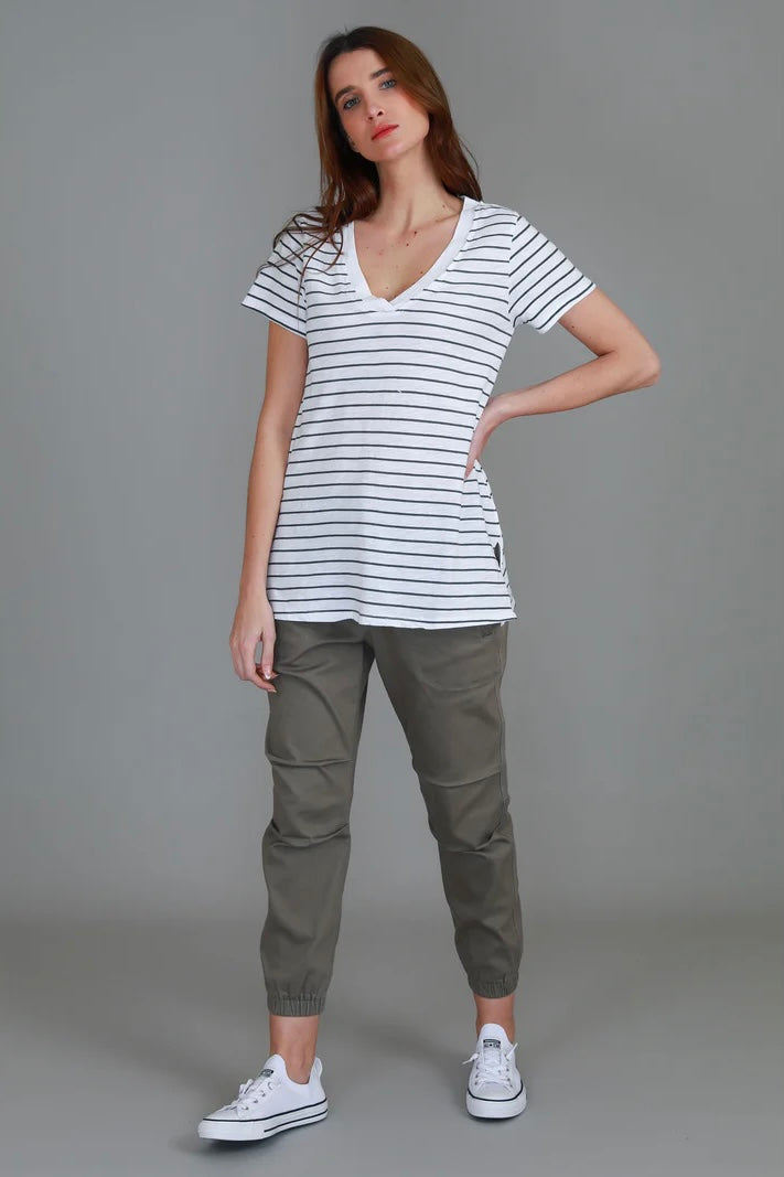 Frankie V Neck Tee - Stripe Navy White