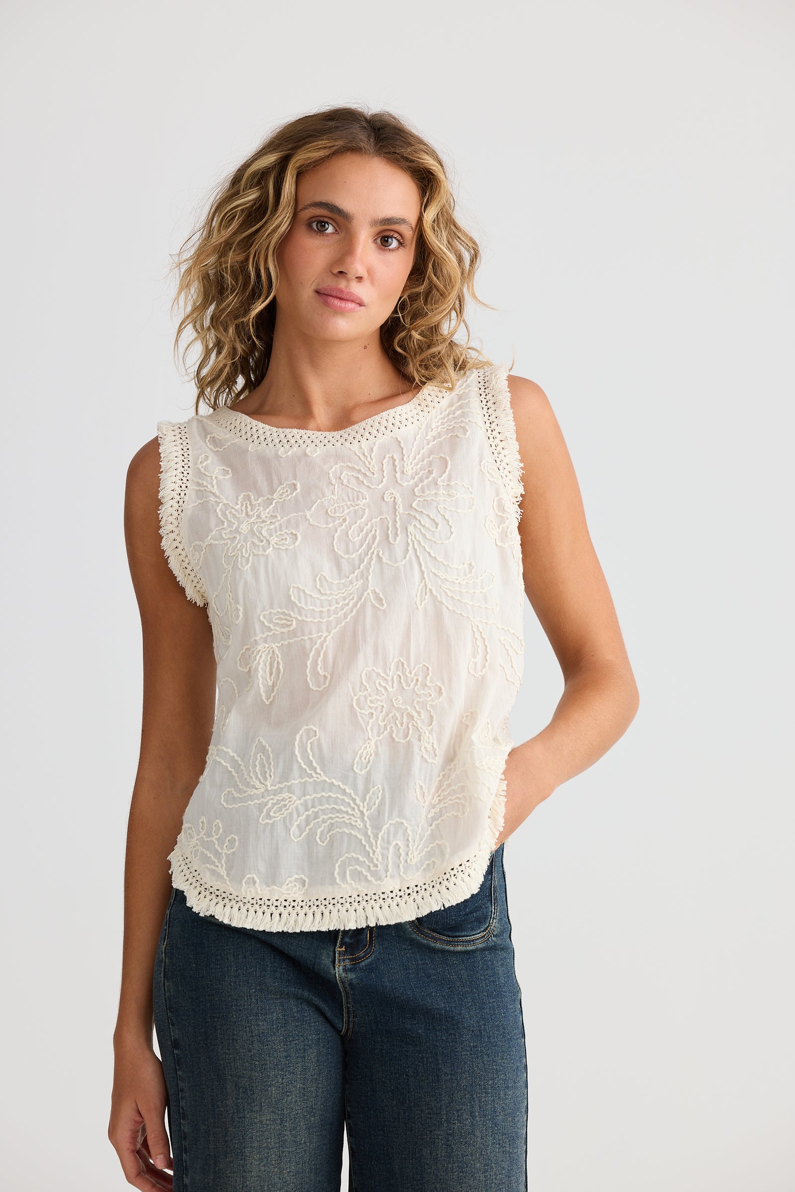 Talisman Chantilly lace top cotton with embroidery and fringe edges. Summer bohemian top
