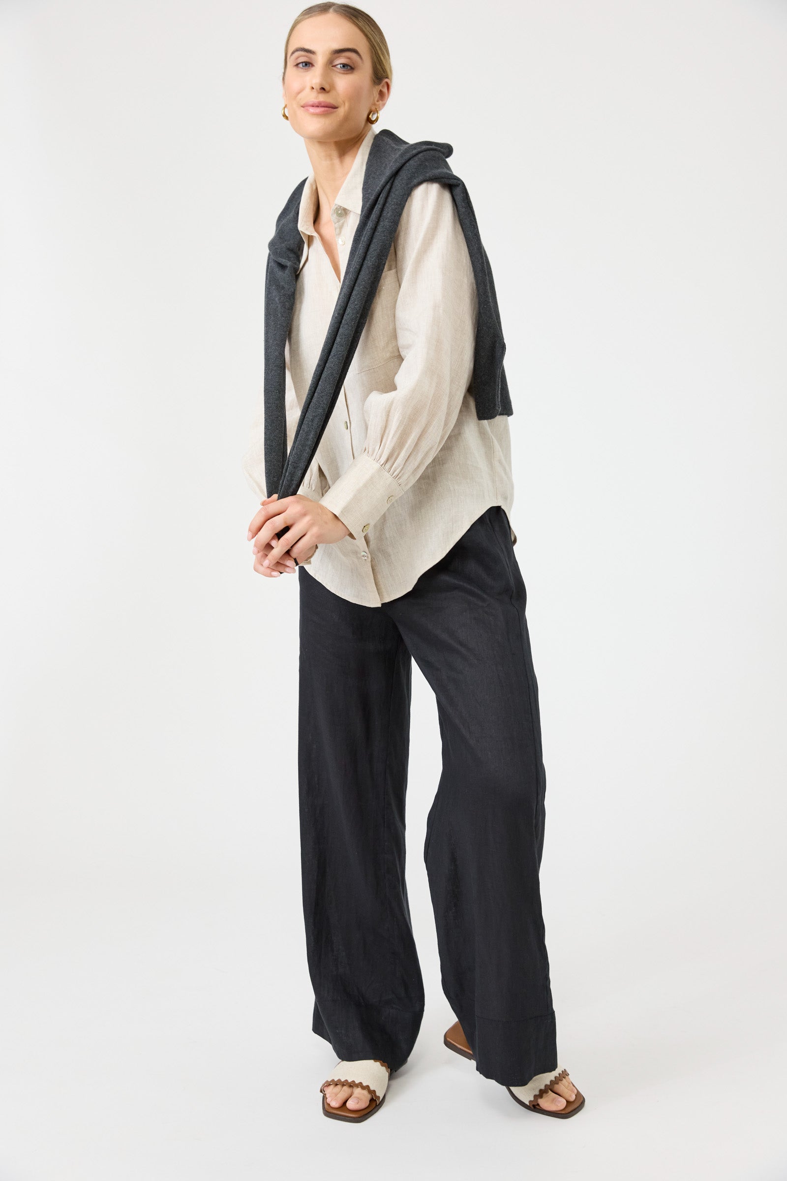 Eb&Ive Studio Linen Straight Wide Leg Pant Black Long Work Pant