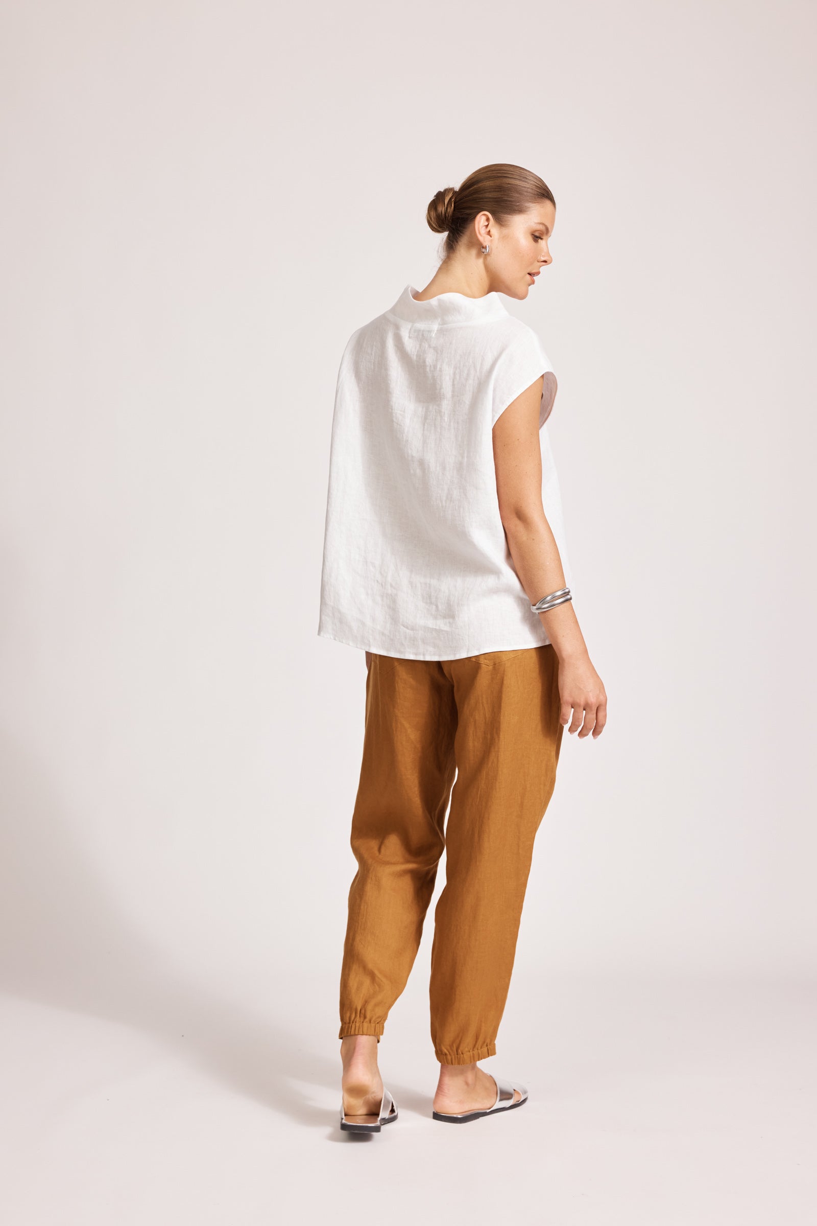 Eb&Ive Miramar Linen cowl neck shell top Short sleeve work travel and weekend summer top lagoon blue