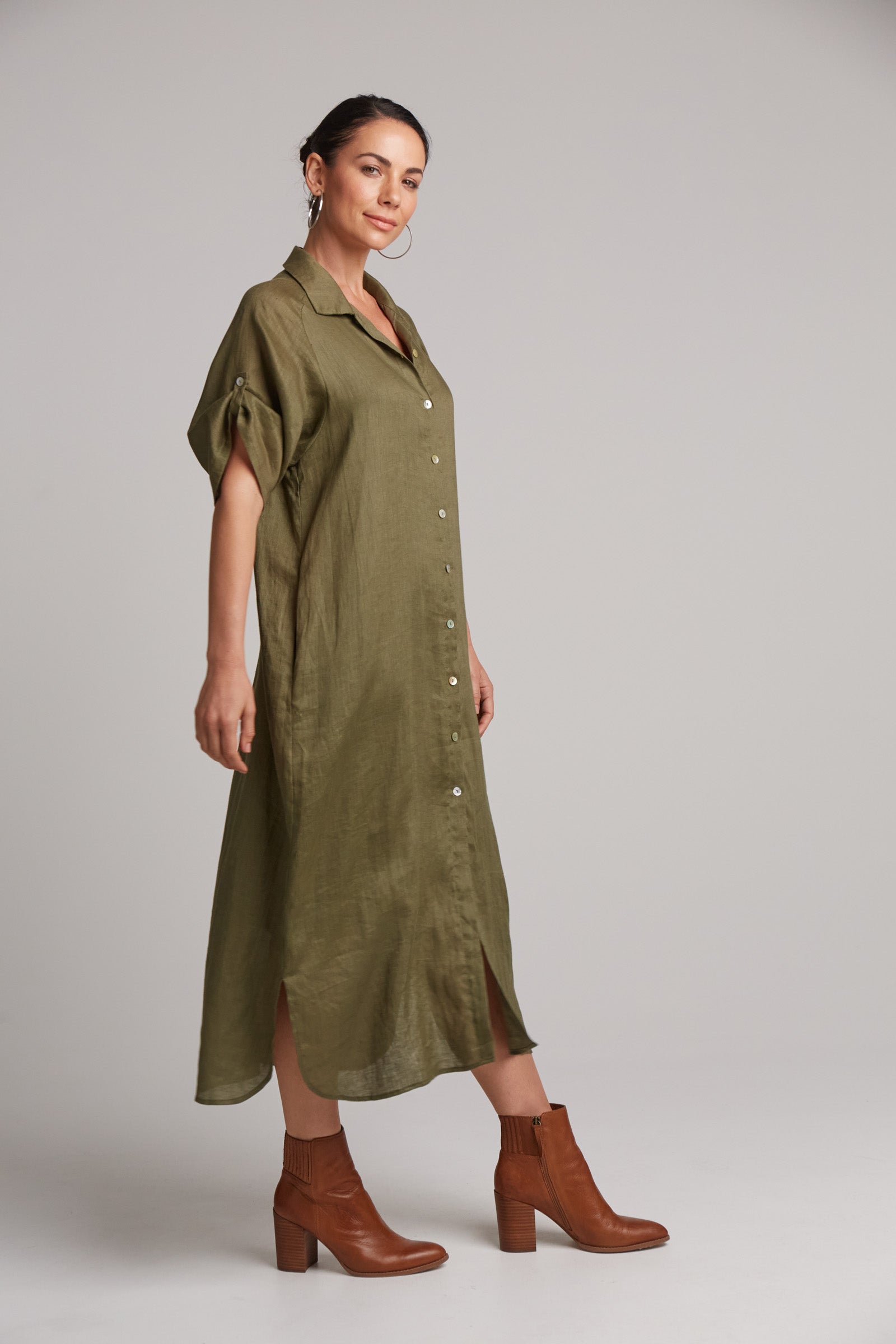 Eb&Ive Studio Linen Maxi Long Shirt Dress with pockets Black Khaki