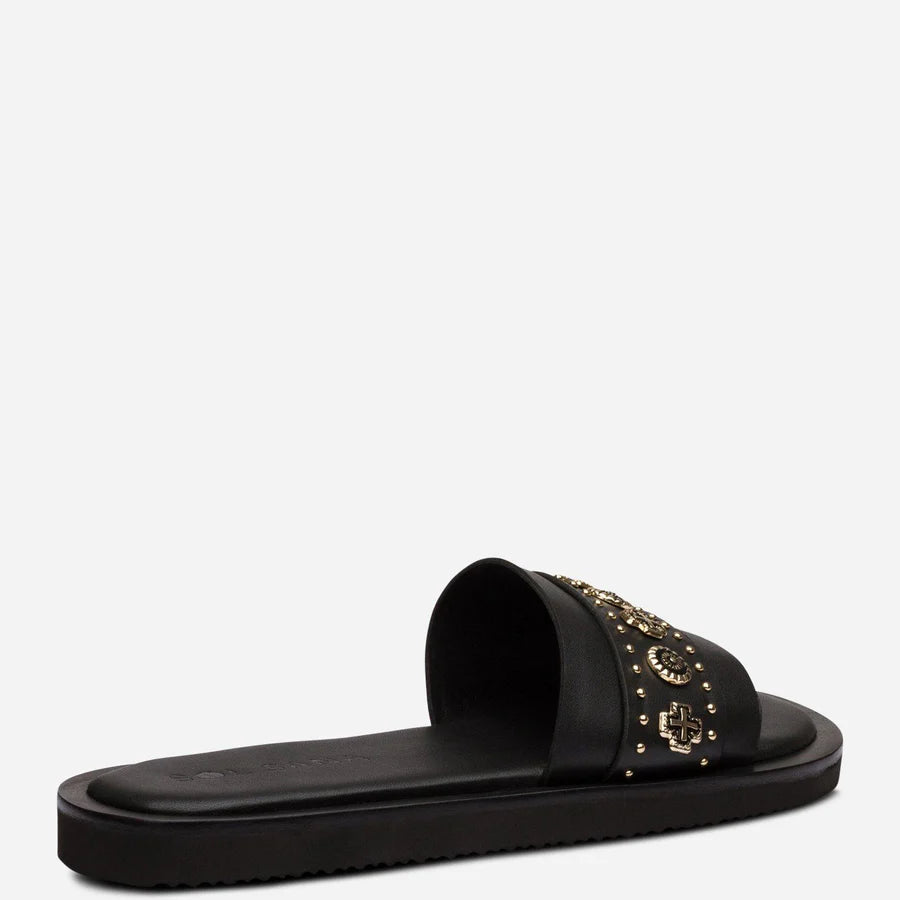Sol Sana Cleo Slide Black Gold leather shoe with metal stud footbed