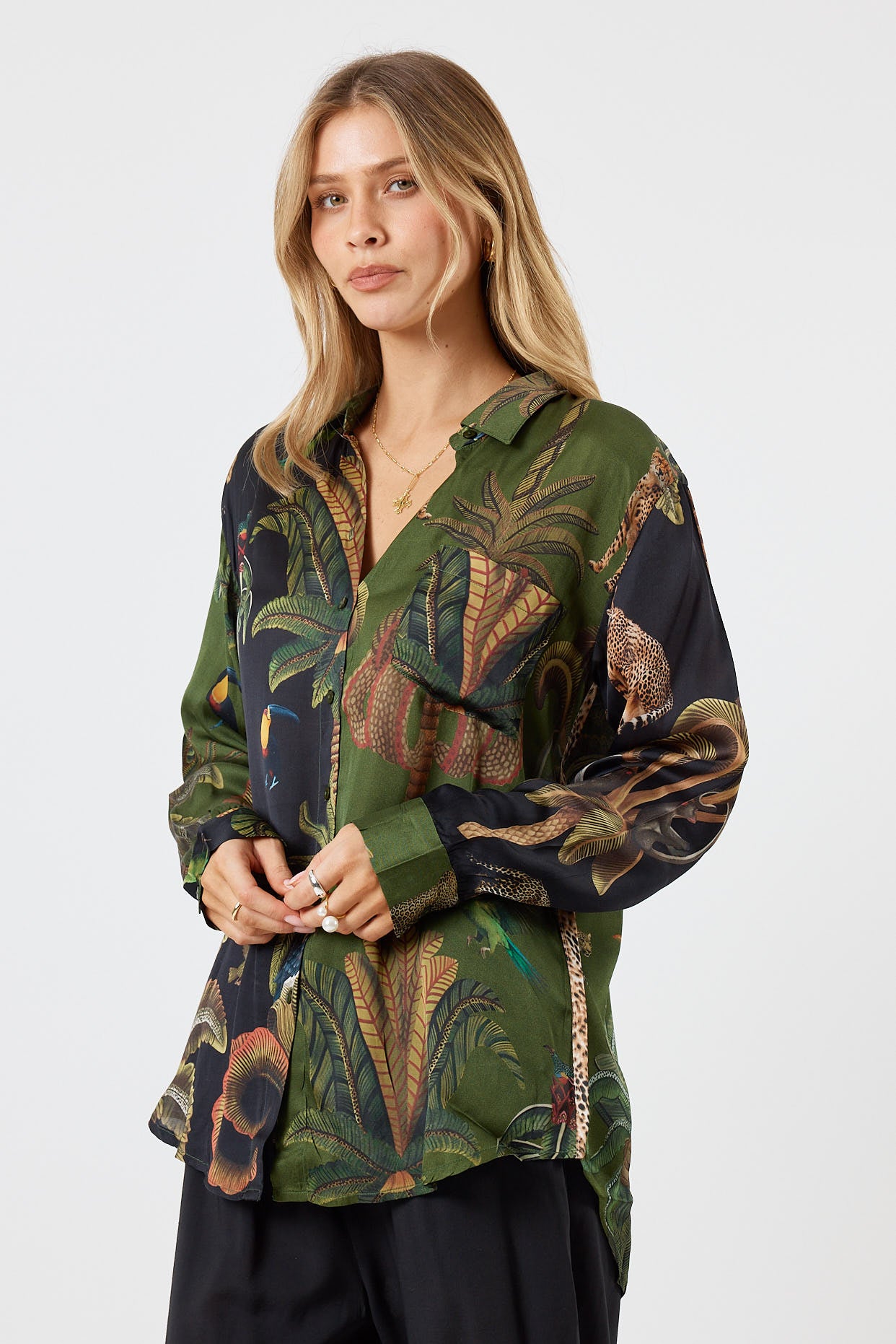 LulaSoul cheetah Vintage & retro all over jungle print statement bold Animal print with palms soft satin button up Shirt women’s fashion collared matching set coordinates two piece