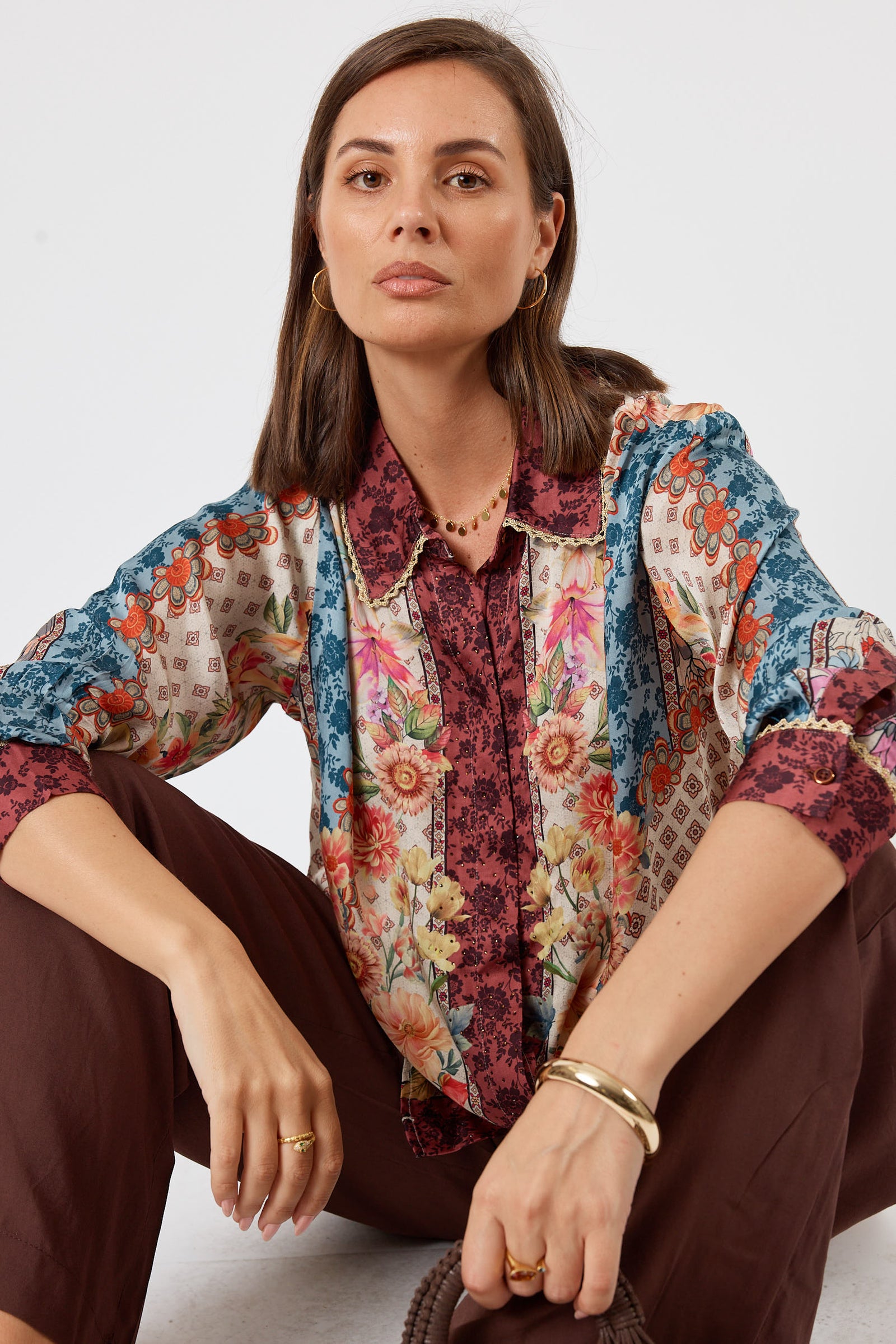 LulaSoul winnapeg Vintage & retro all over floral print statement bold burgundy print soft satin button up Shirt women’s fashion collared matching set coordinates two piece