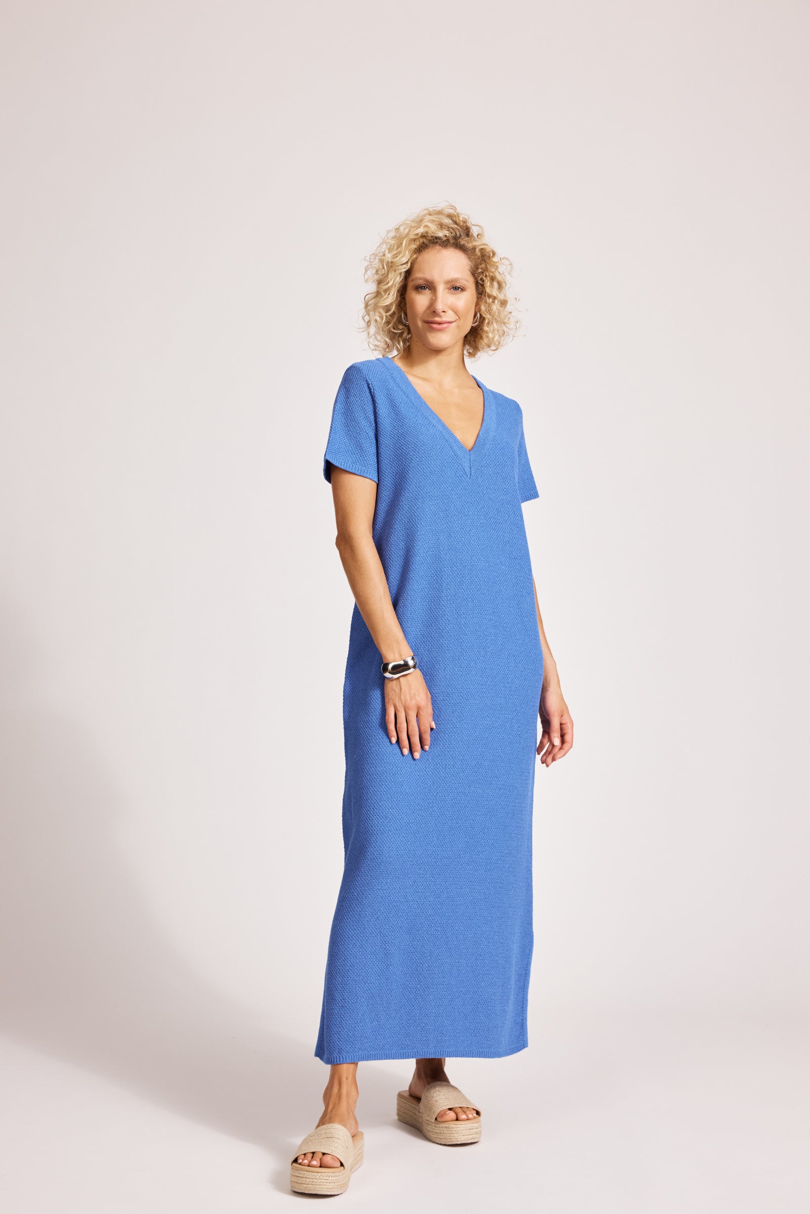 Eb&Ive Artemis Short sleeve maxi T-Shirt dress Vneck Blue cotton textured summer knit tank dress swim cover