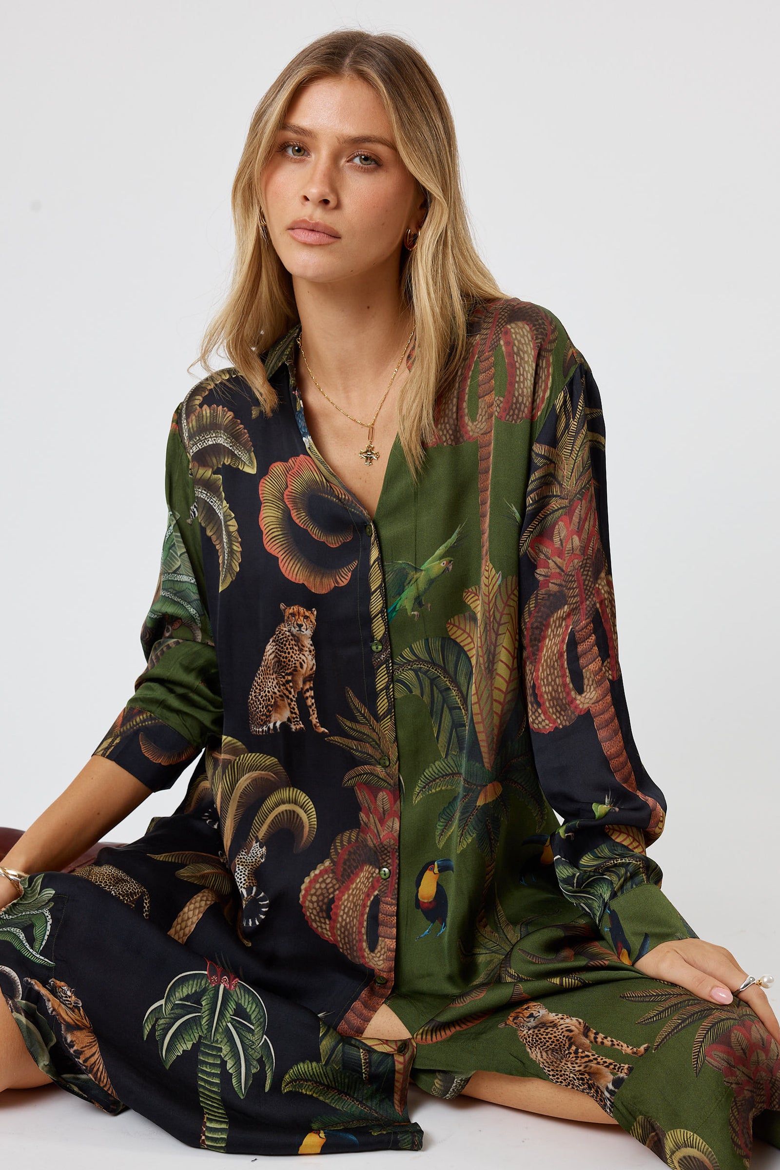 LulaSoul cheetah Vintage & retro all over jungle print statement bold Animal print with palms soft satin button up Shirt women’s fashion collared matching set coordinates two piece