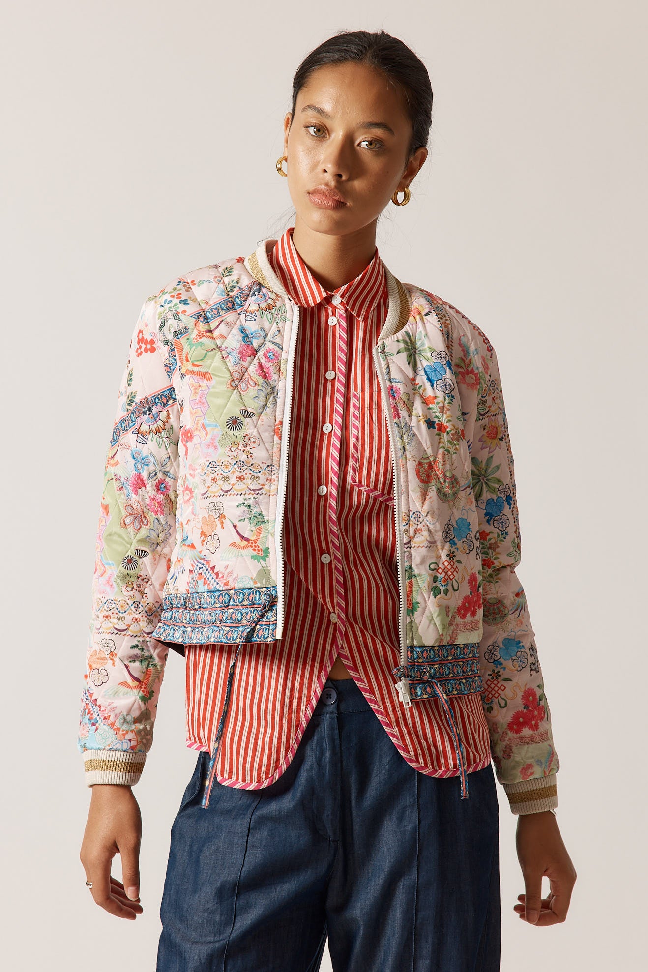 RubyYaya Lala Vintage & retro all over bird floral print statement bold Asian print quilted bomber jacket women’s fashion white blush