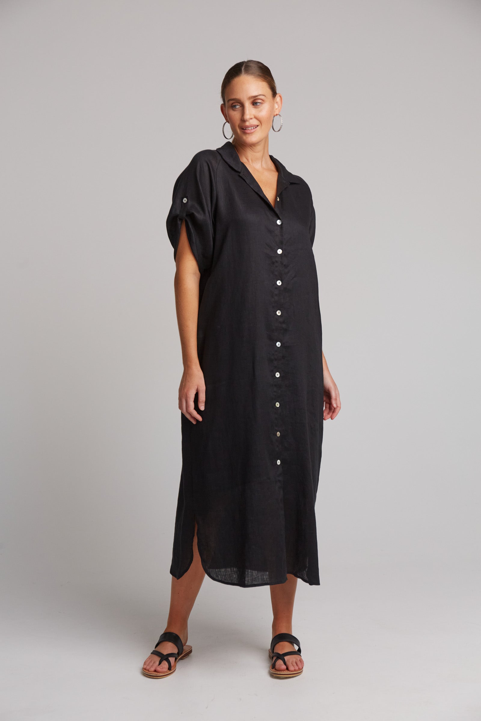 Eb&Ive Studio Linen Maxi Long Shirt Dress with pockets Black Ebony