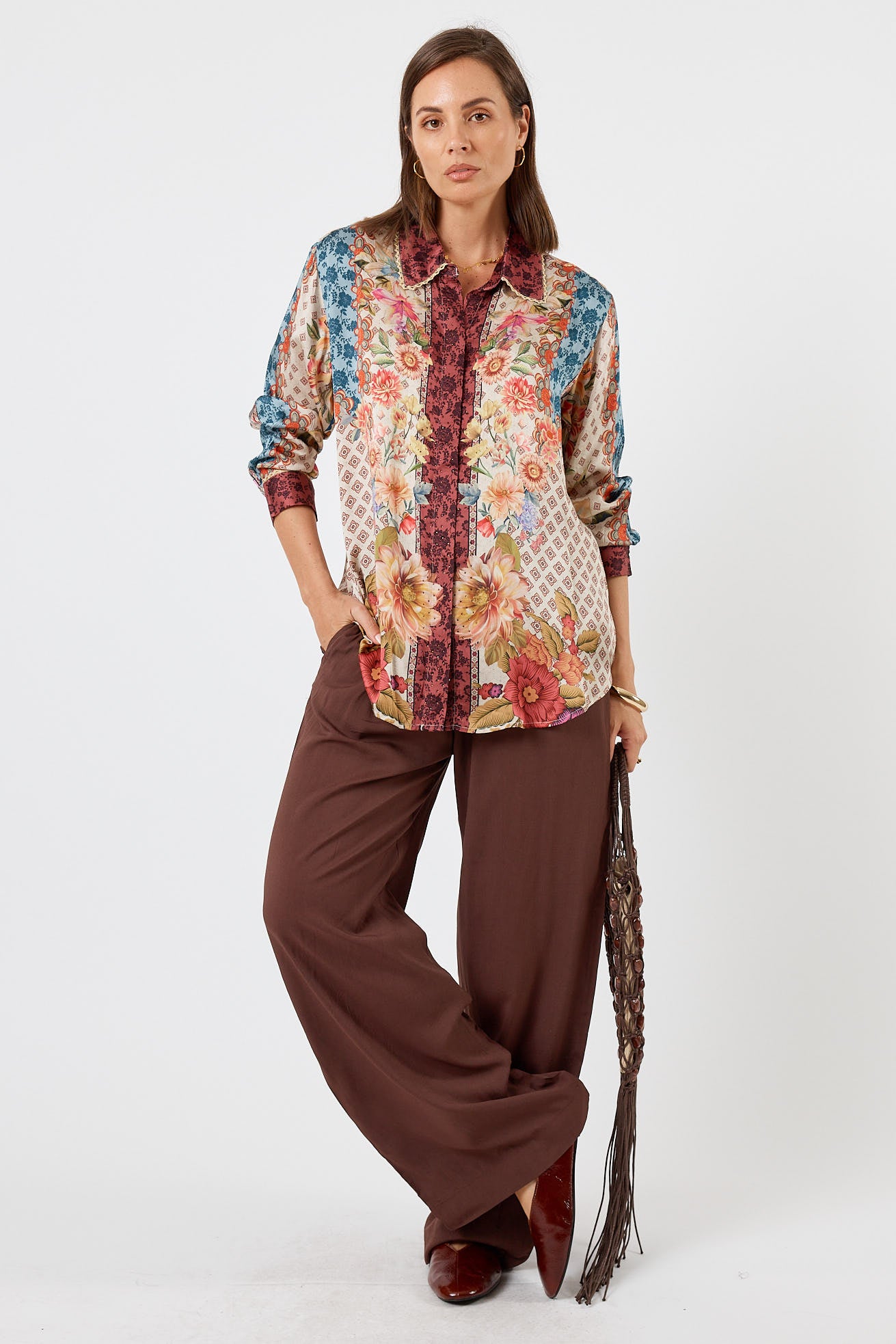 LulaSoul winnapeg Vintage & retro all over floral print statement bold burgundy print soft satin button up Shirt women’s fashion collared matching set coordinates two piece