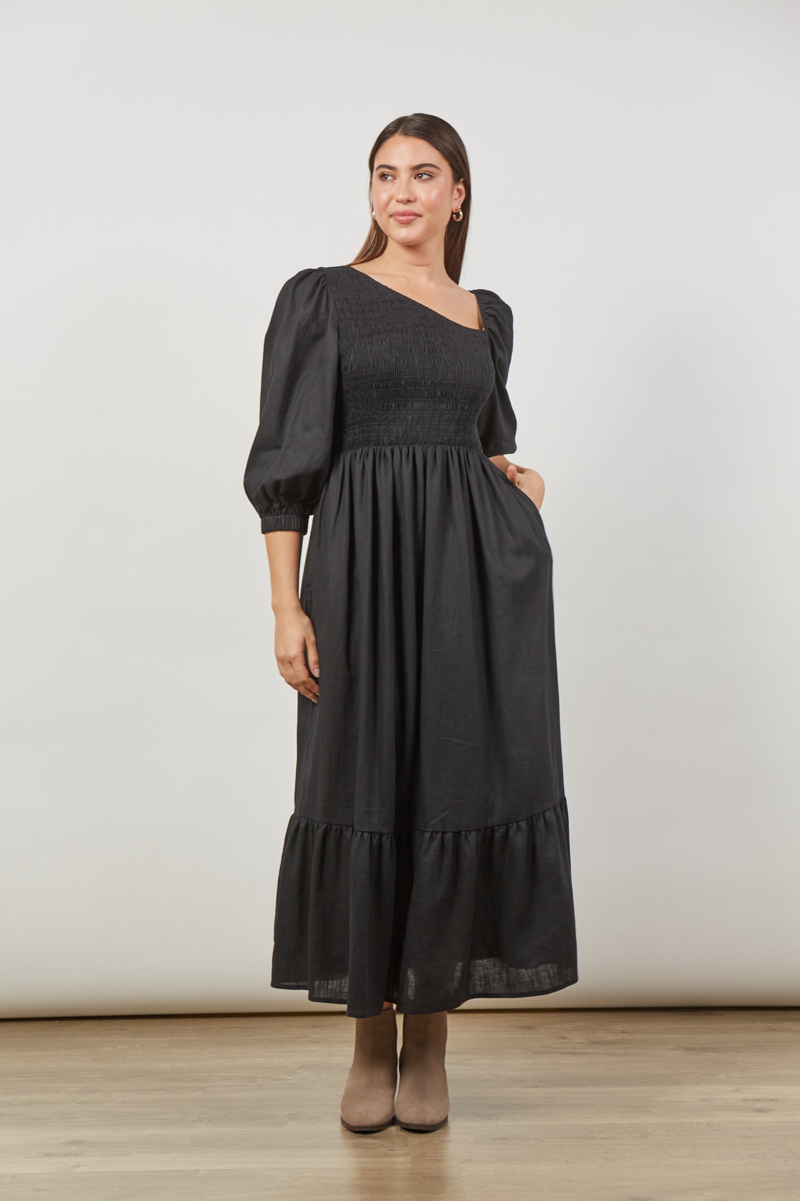 Panorama Shirred Maxi Dress - Onyx Black