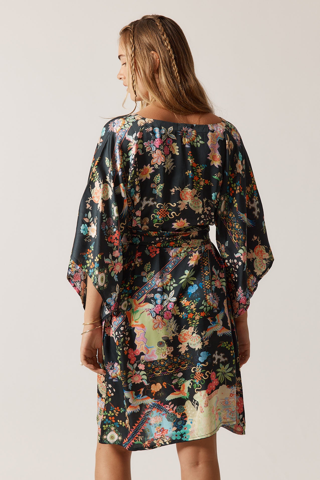 RubyYaya Lala kaftan Vintage & retro all over bird print statement bold Animal print with exclusive soft satin mini dress fashion kimono sleeve evening event dress