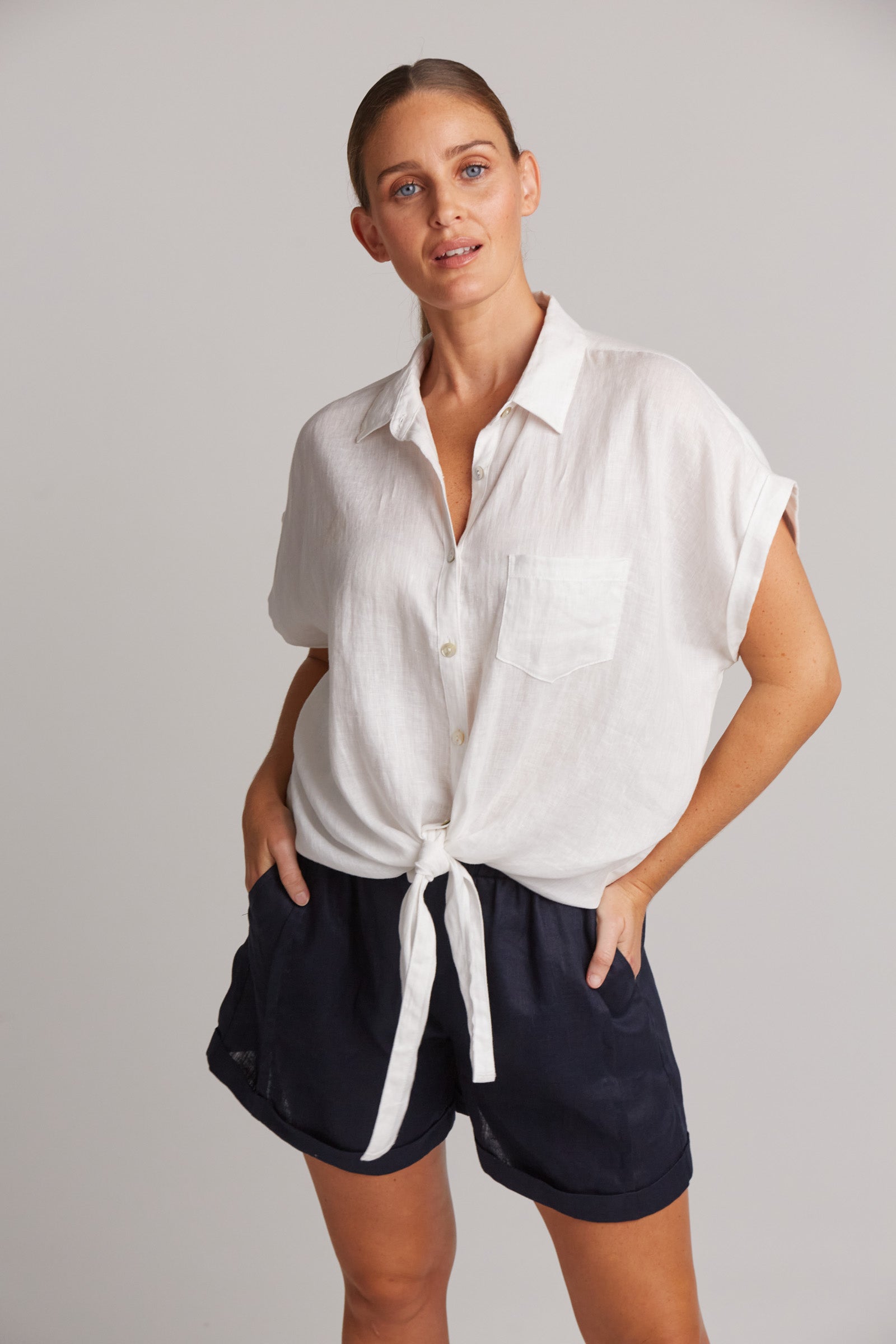 Eb&Ive Studio Linen Tie Front Shirt Top White Work Shirt