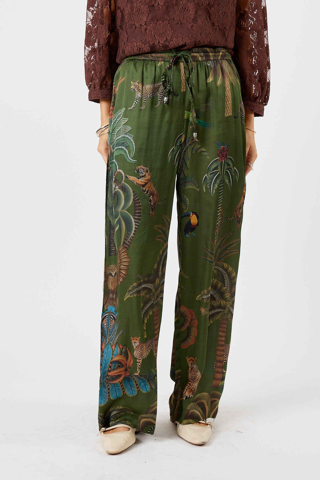 LulaSoul cheetah Vintage & retro all over jungle print statement bold Animal print with palms soft satin straight leg pant Side stripe women’s fashion matching set coordinates two piece olive green