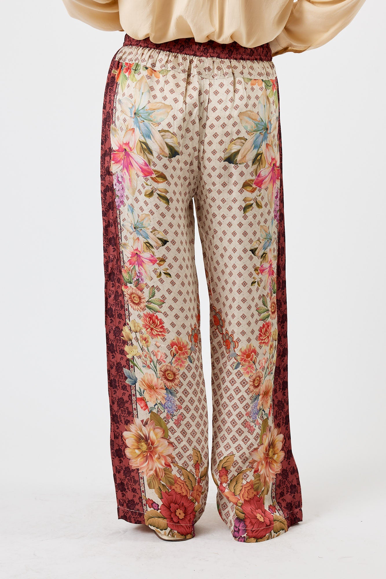 LulaSoul Winnipeg Vintage & retro all over jungle print statement bold burgundy floral print with soft satin straight leg pant Side stripe women’s fashion matching set coordinates two piece