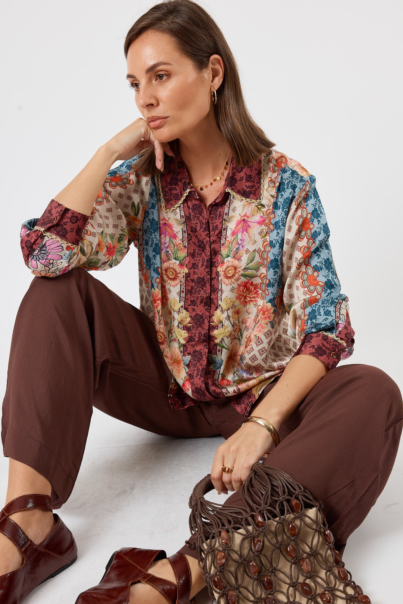 LulaSoul winnapeg Vintage & retro all over floral print statement bold burgundy print soft satin button up Shirt women’s fashion collared matching set coordinates two piece