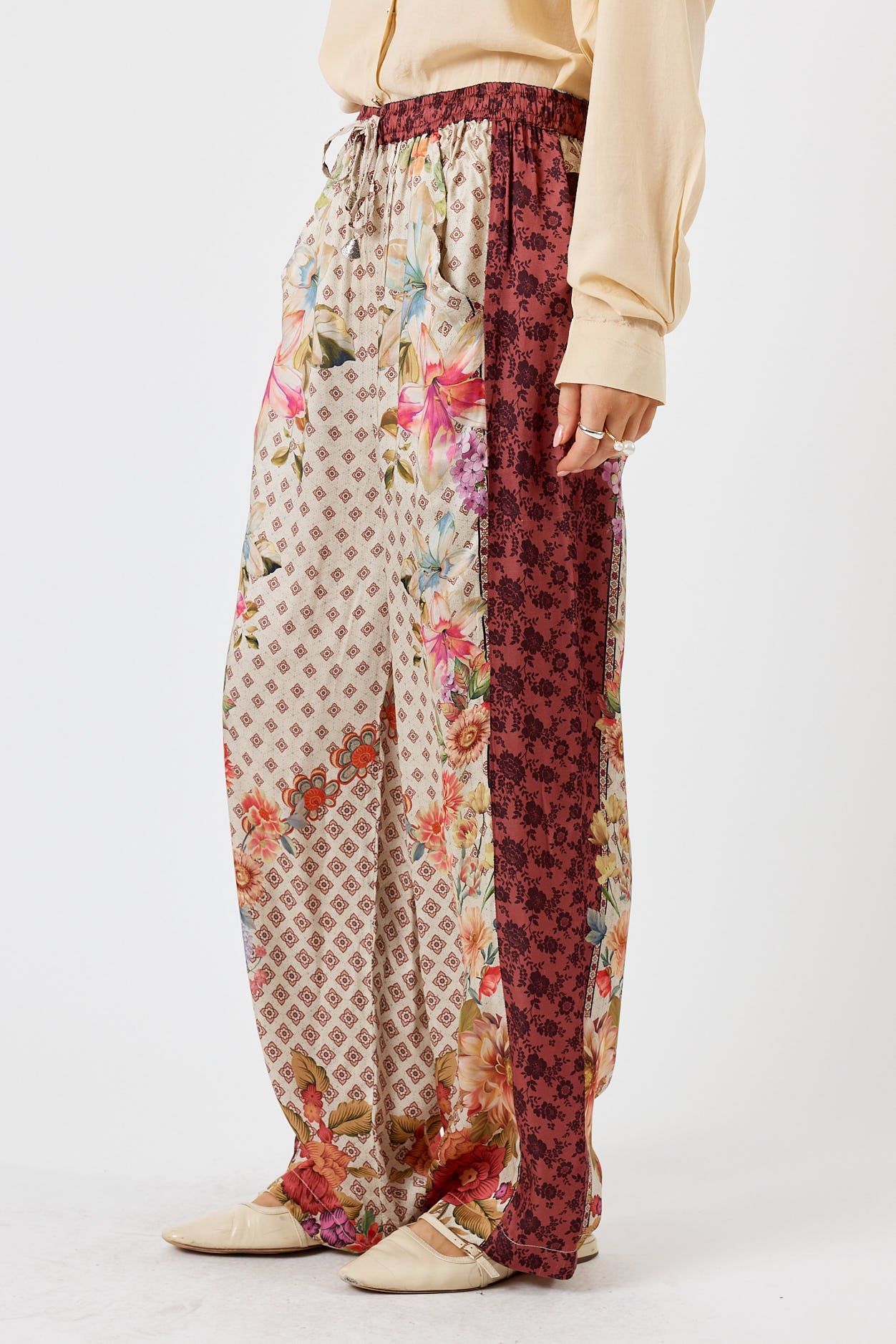 LulaSoul Winnipeg Vintage & retro all over jungle print statement bold burgundy floral print with soft satin straight leg pant Side stripe women’s fashion matching set coordinates two piece