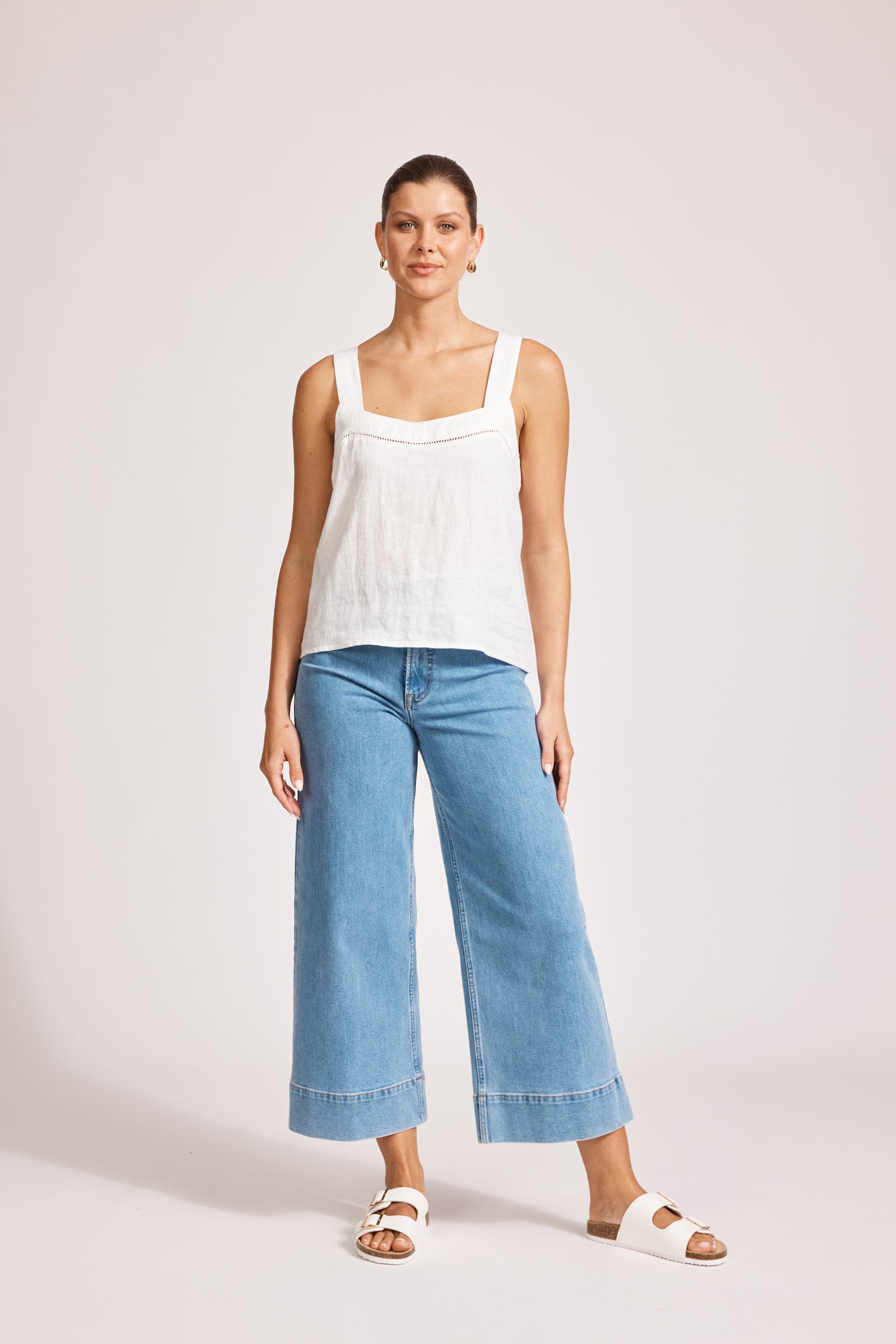 Eb&Ive Miramar linen crop top sleeveless square neck crop relaxed casual work blouse cotton summer white