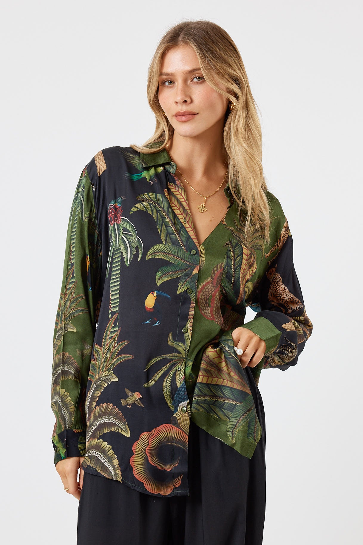 LulaSoul cheetah Vintage & retro all over jungle print statement bold Animal print with palms soft satin button up Shirt women’s fashion collared matching set coordinates two piece