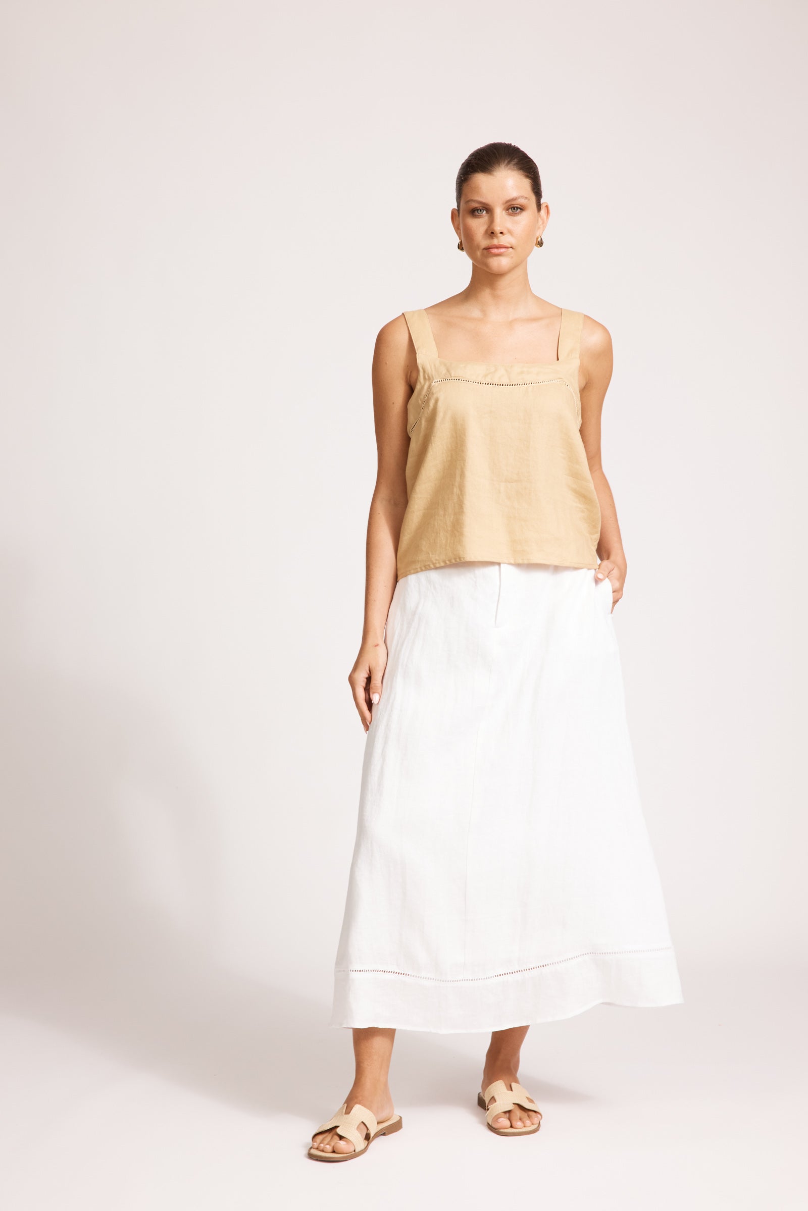 Eb&Ive Miramar linen crop top sleeveless square neck crop relaxed casual work blouse cotton summer camel beige