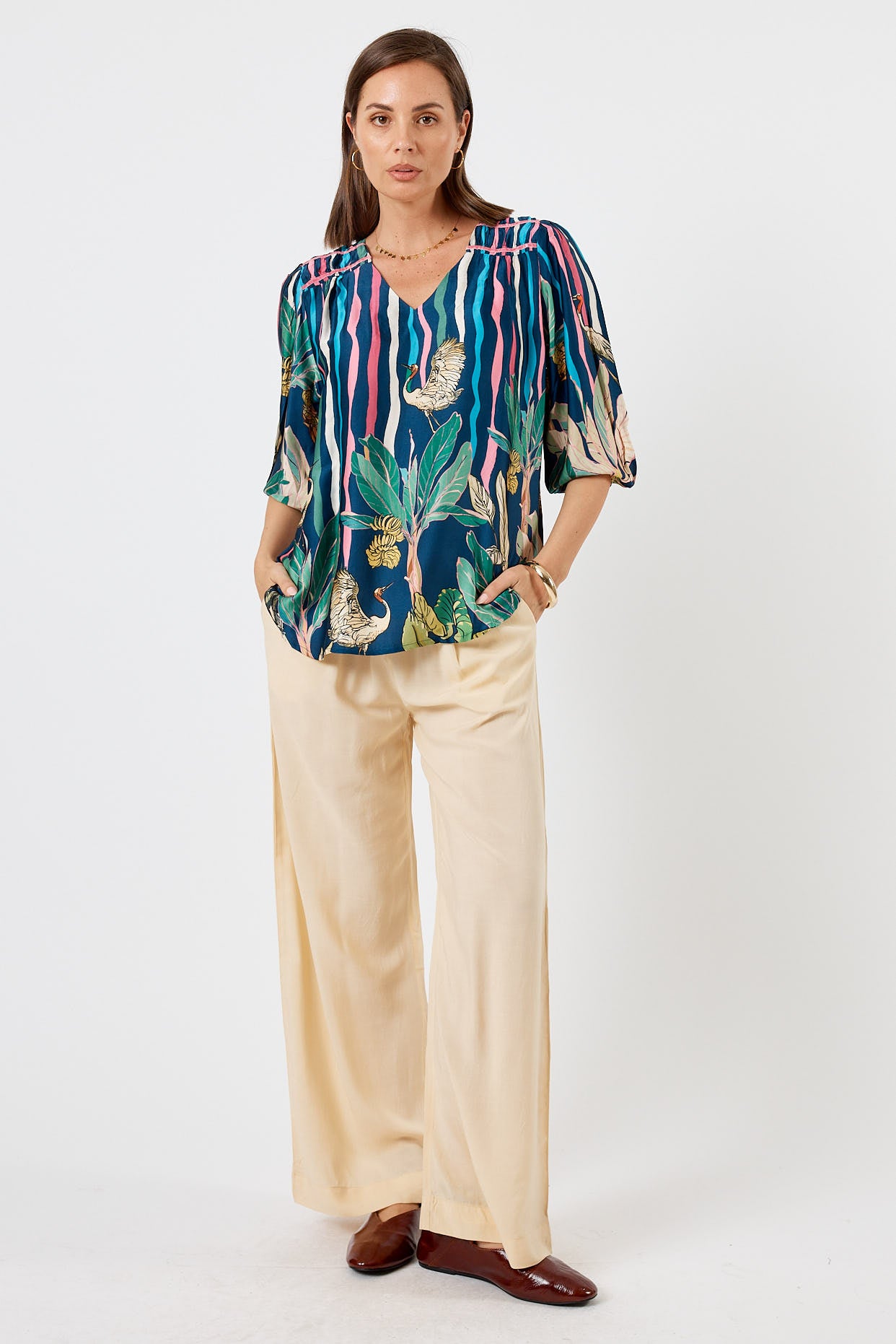 LulaSoul Cambridge Vintage & retro all over floral stripe print statement bold jungle print soft satin button up Shirt women’s fashion blouse