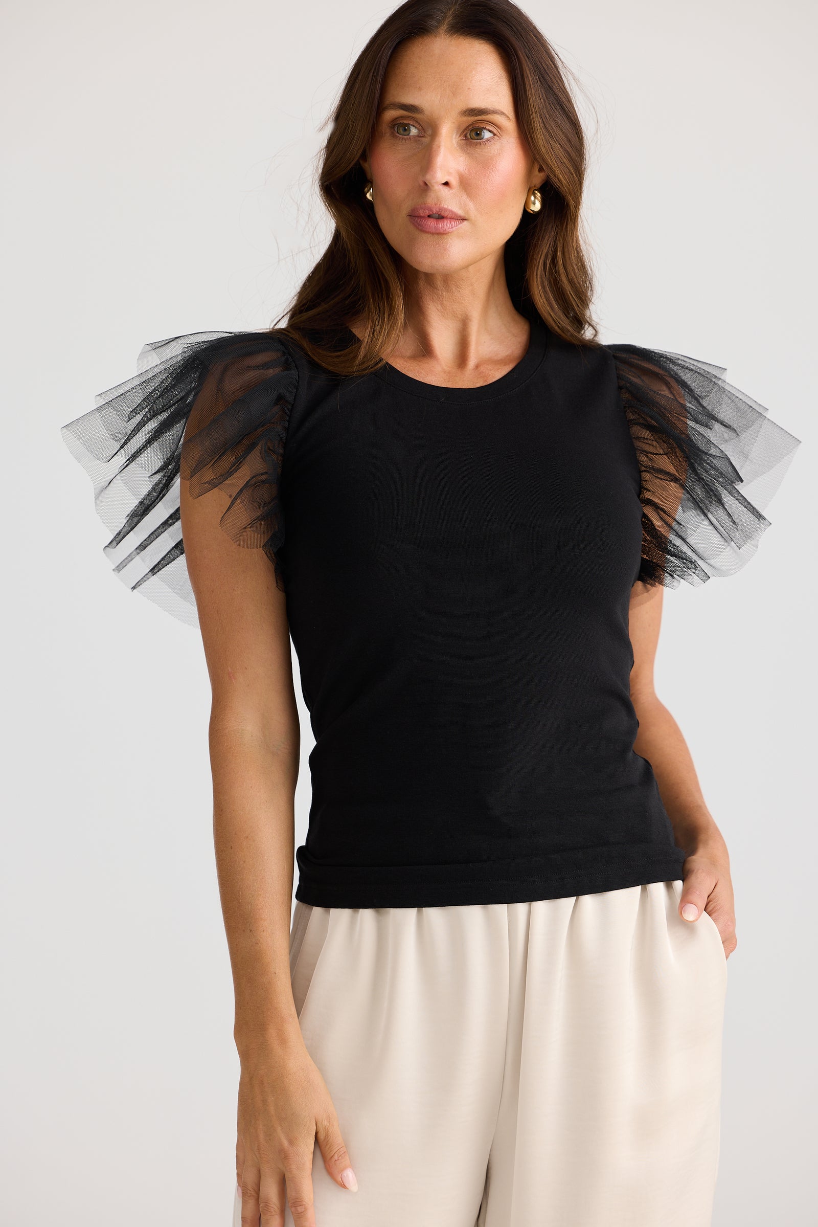 Brave + True Chance Cotton T-shirt Evening Tule Flared Sleeve Short sleeve detail White