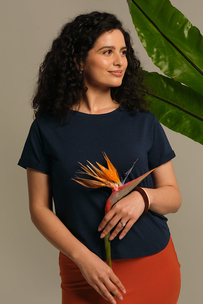 Bamboo Body Shorter Bamboo Cotton Tee - Dark Navy Blue Classic T-shirt Basic Crew Neck short Sleeve