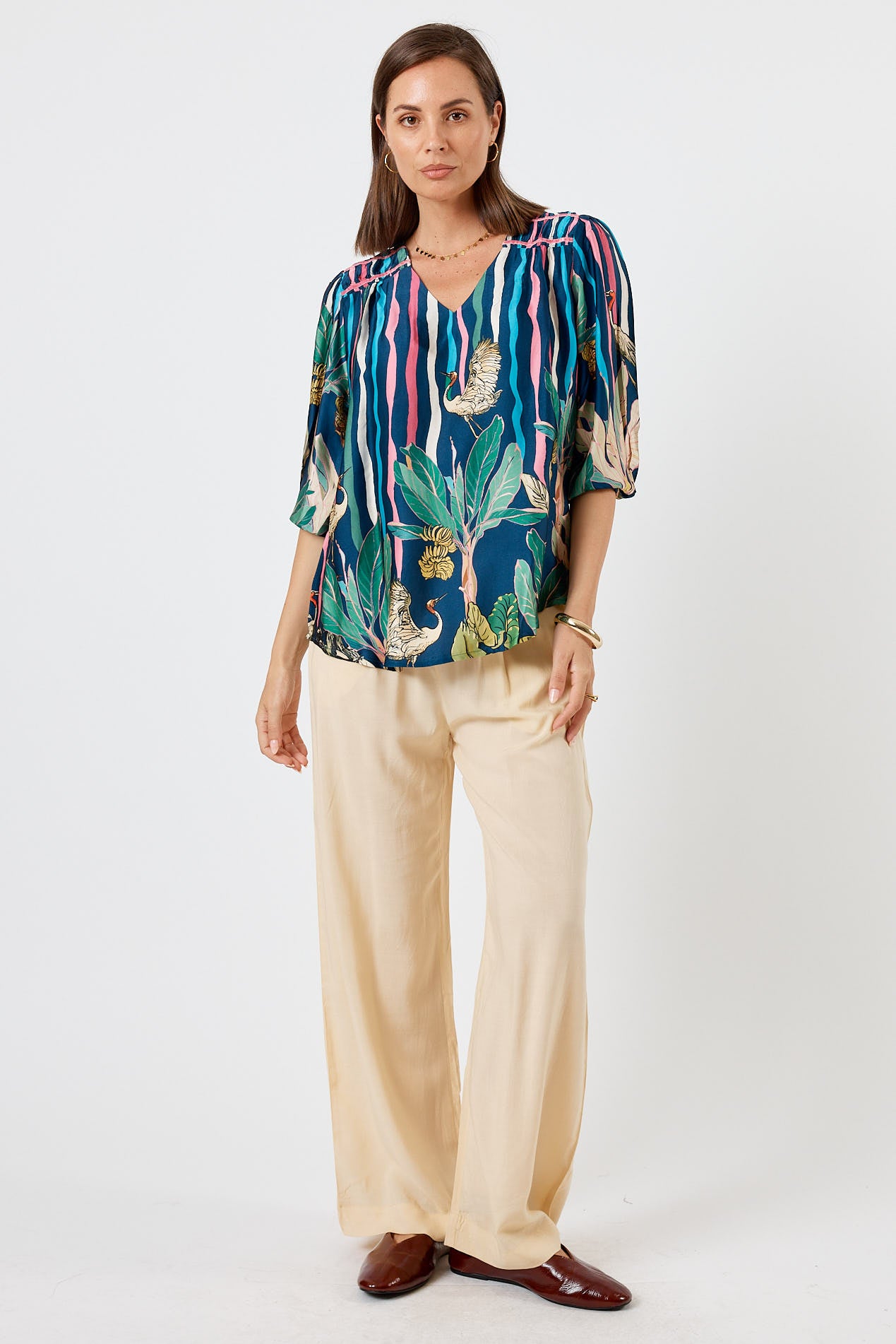 LulaSoul Cambridge Vintage & retro all over floral stripe print statement bold jungle print soft satin button up Shirt women’s fashion blouse
