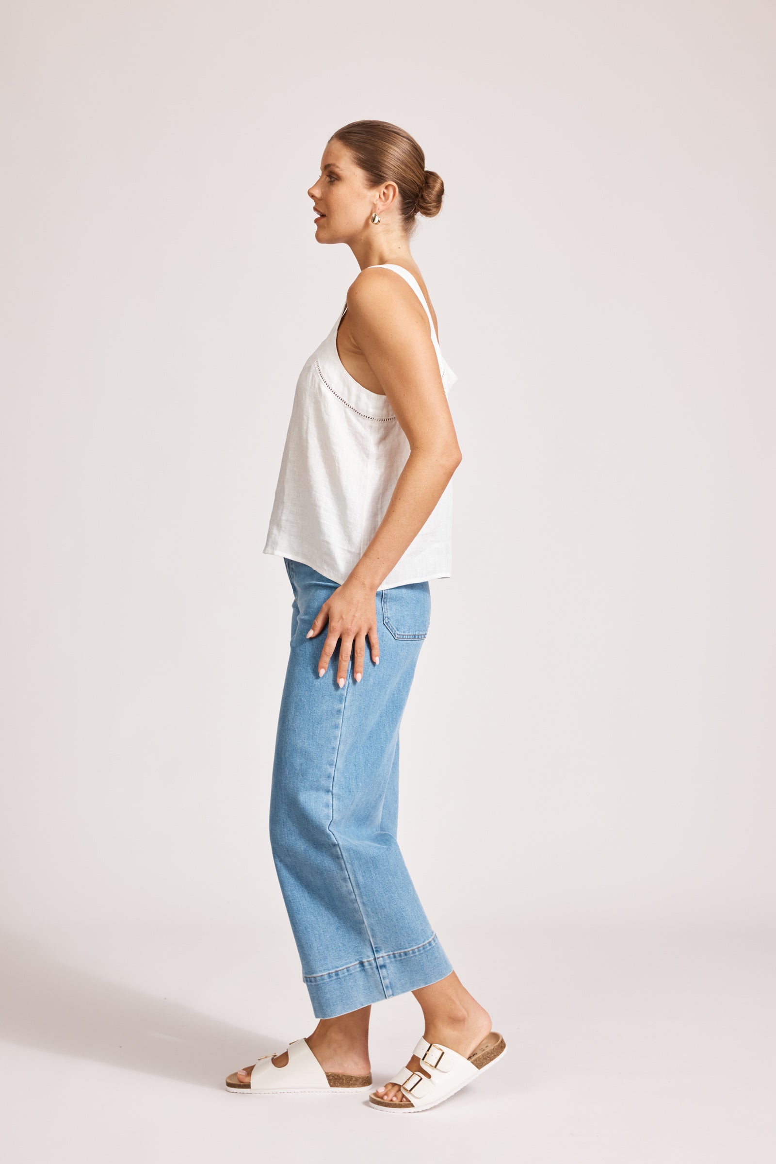 Eb&Ive Miramar linen crop top sleeveless square neck crop relaxed casual work blouse cotton summer white