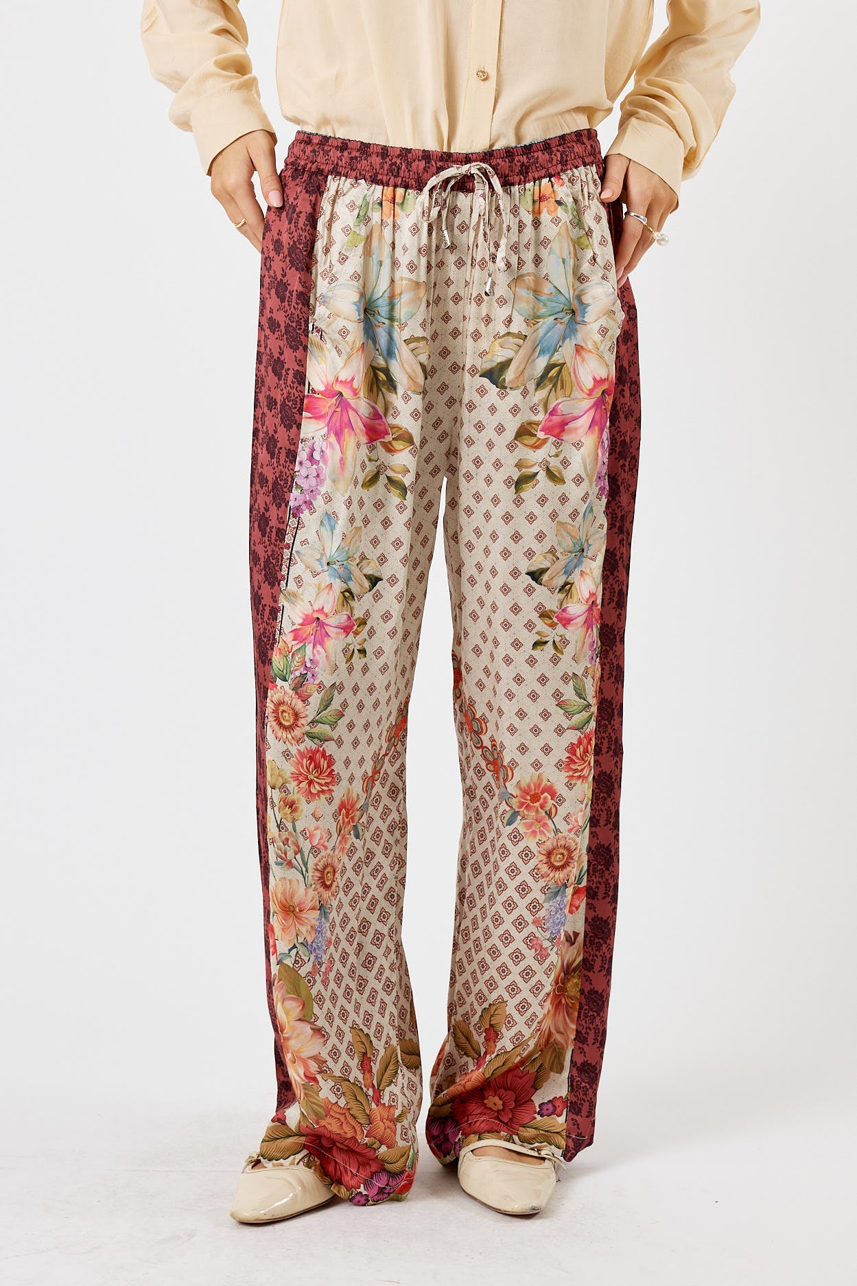 LulaSoul Winnipeg Vintage & retro all over jungle print statement bold burgundy floral print with soft satin straight leg pant Side stripe women’s fashion matching set coordinates two piece