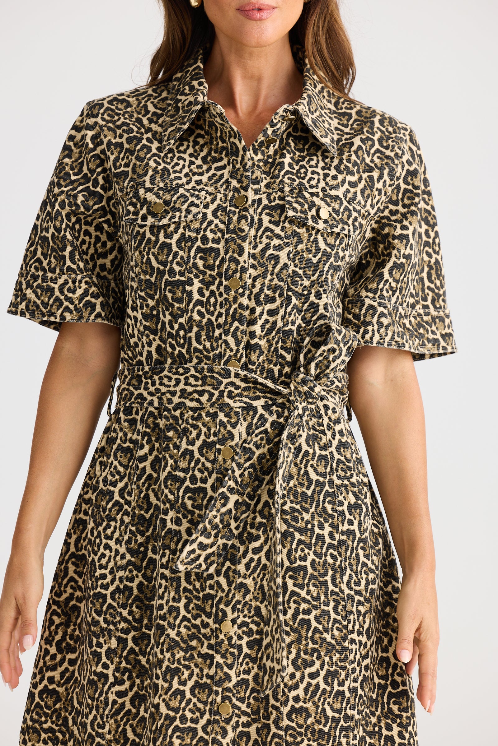 Brave + True Leroy Dress Beige Leopard Denim Short Shirt Dress