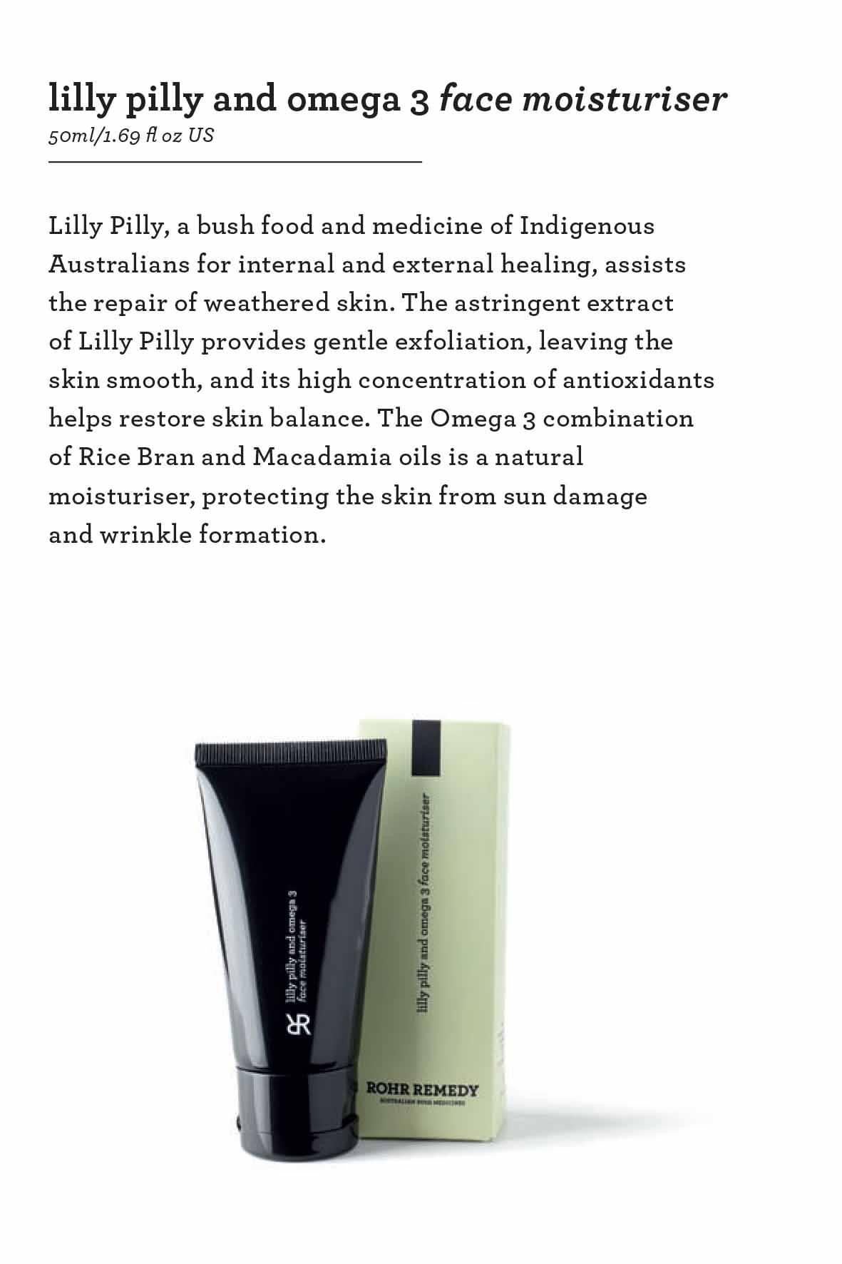 Rohr Remedy Lilly Pilly and omega 3 face moisturiser All Natural skincare Australian Made Nourishing Hydrating face Australian Botanicals bio active