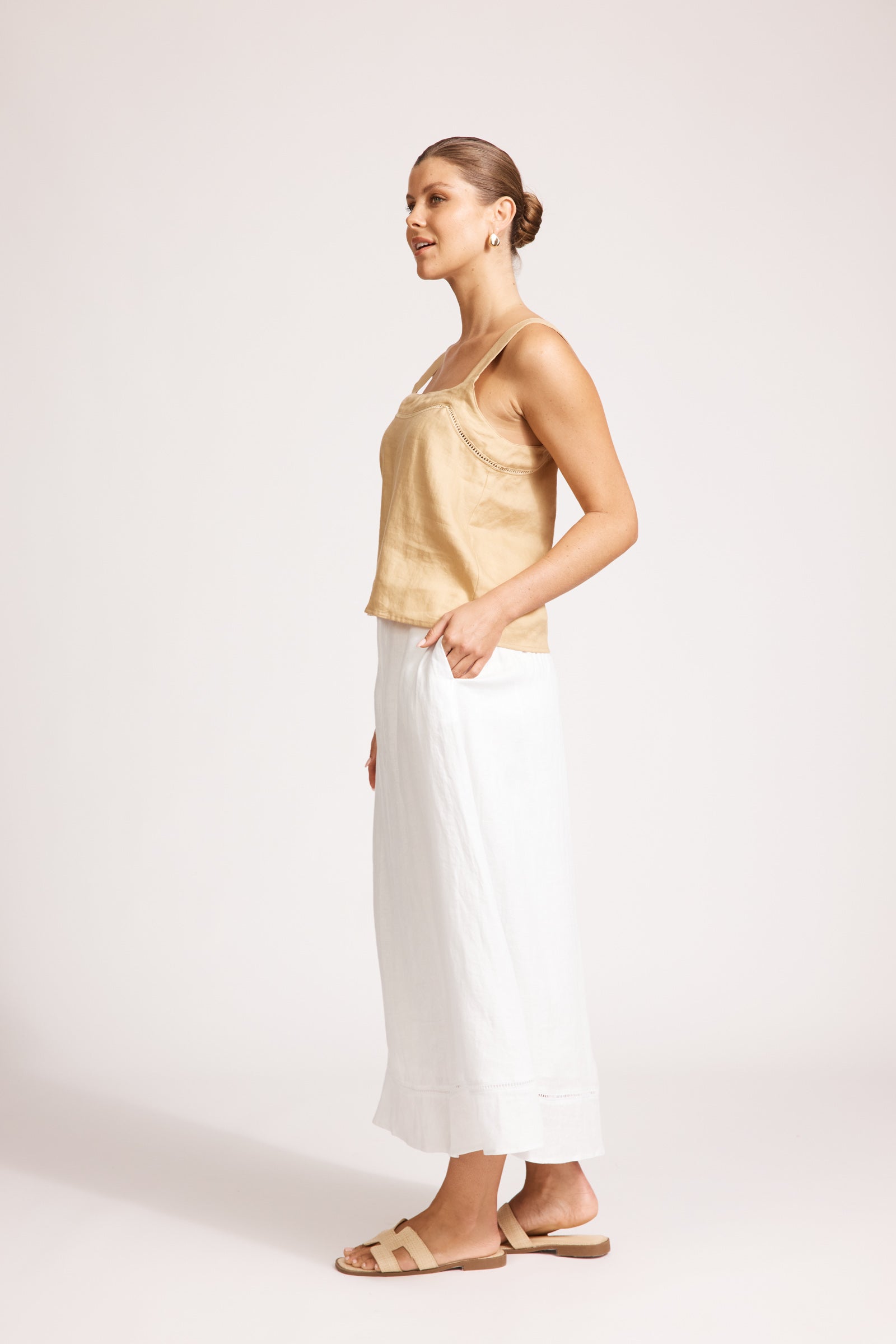 Eb&Ive Miramar linen crop top sleeveless square neck crop relaxed casual work blouse cotton summer camel beige