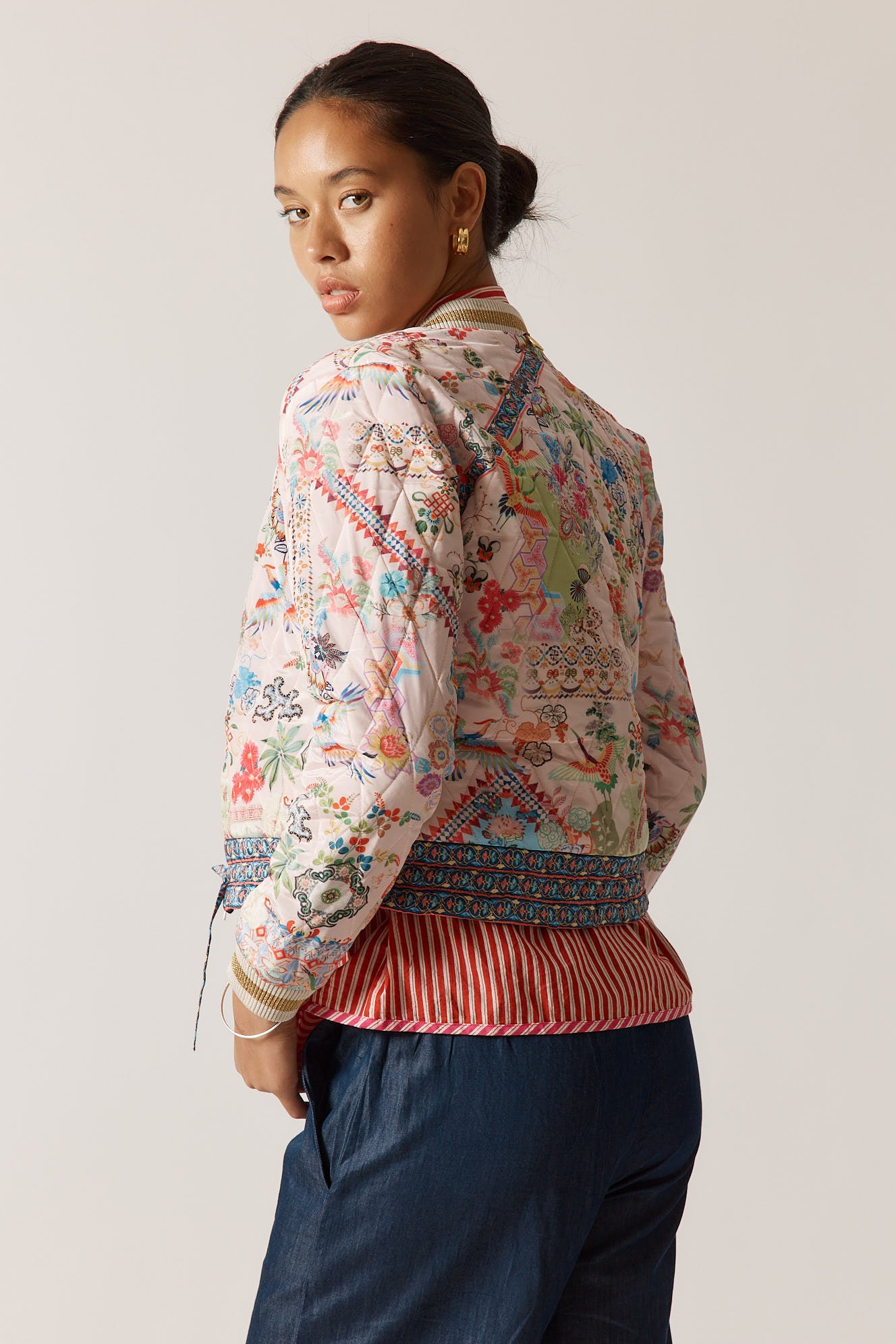 RubyYaya Lala Vintage & retro all over bird floral print statement bold Asian print quilted bomber jacket women’s fashion white blush