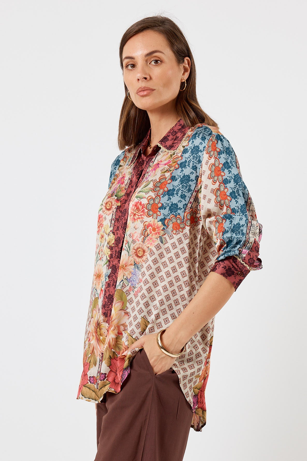 LulaSoul winnapeg Vintage & retro all over floral print statement bold burgundy print soft satin button up Shirt women’s fashion collared matching set coordinates two piece