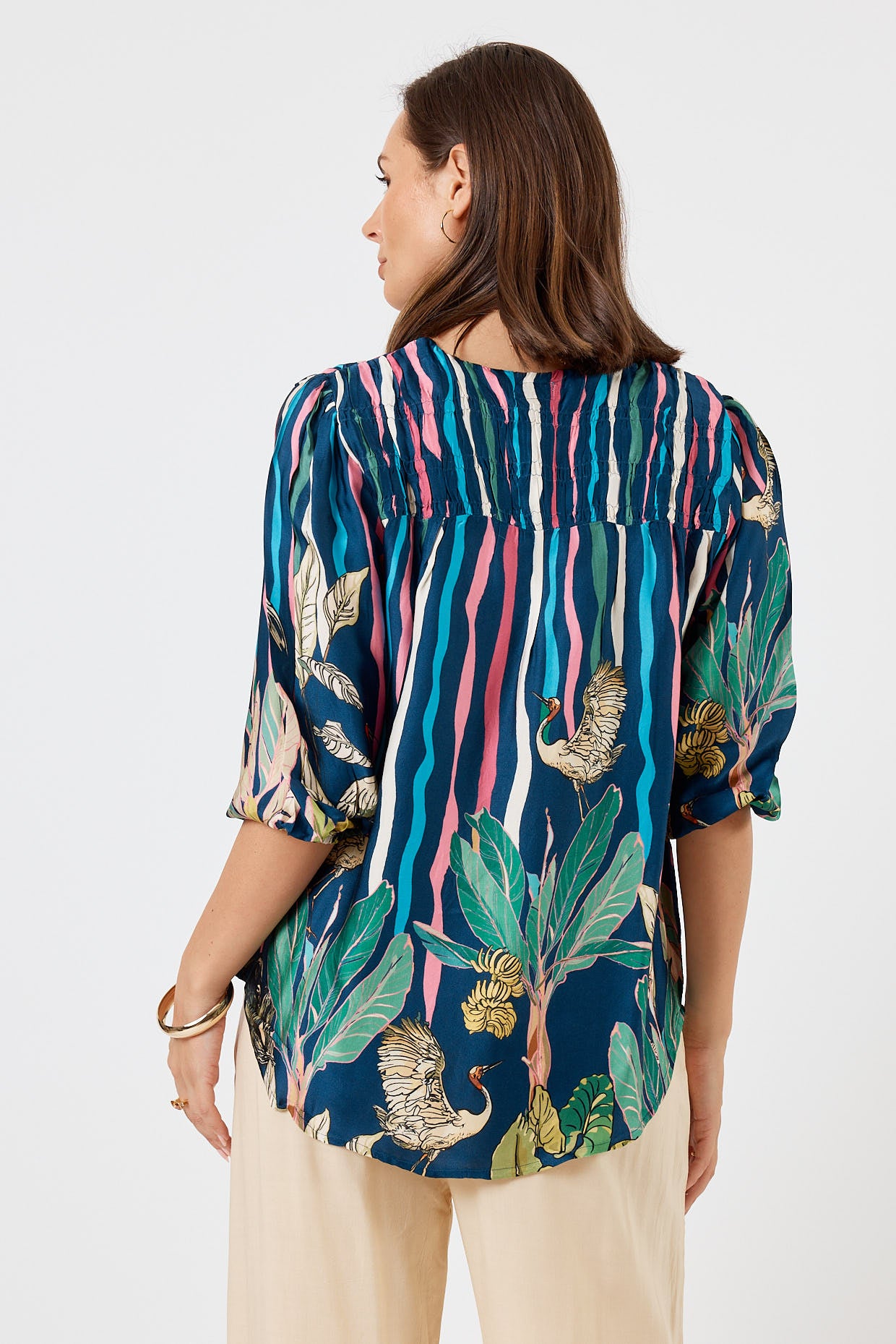 LulaSoul Cambridge Vintage & retro all over floral stripe print statement bold jungle print soft satin button up Shirt women’s fashion blouse