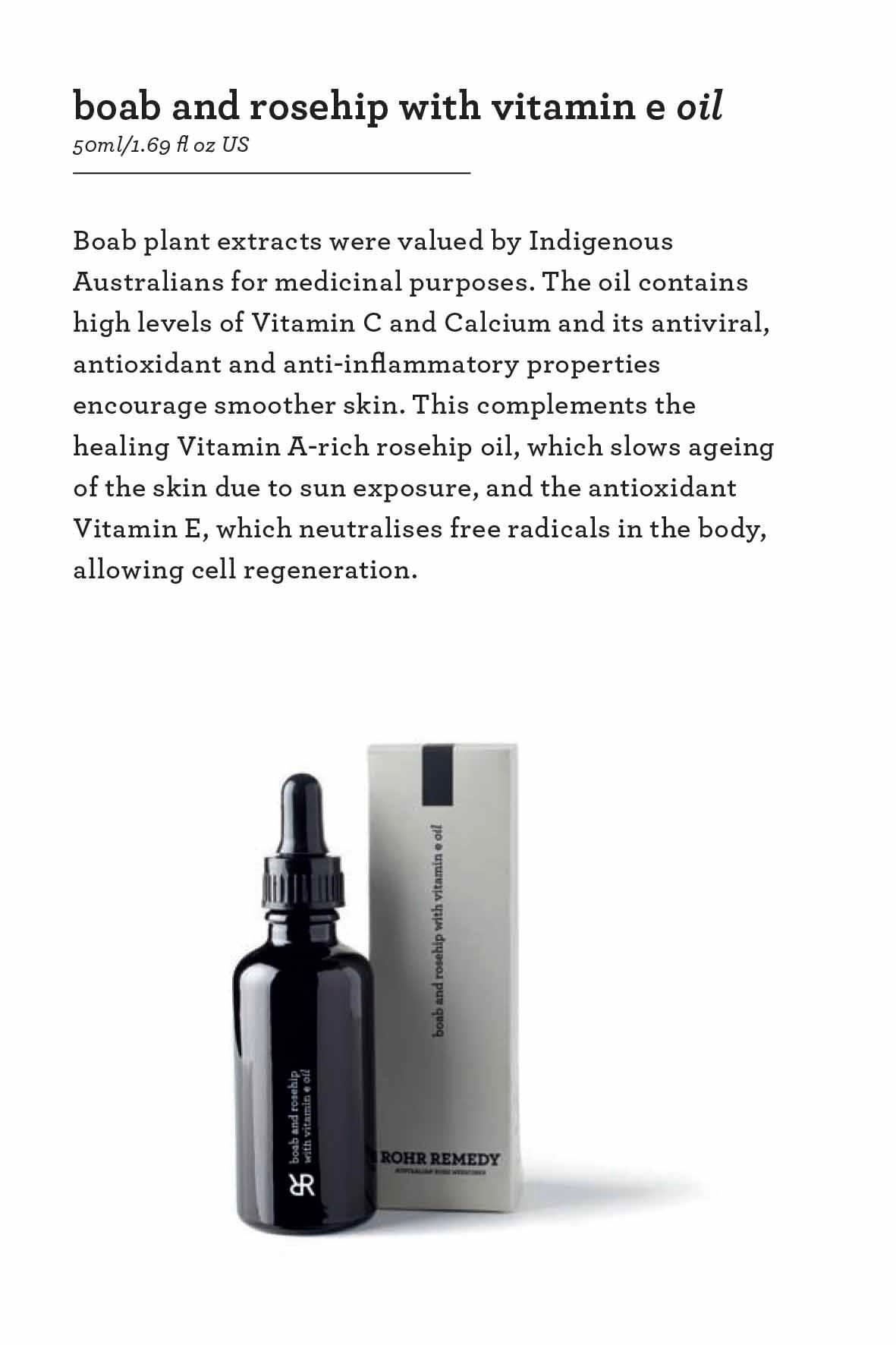 Rohr Remedy Boab and rosehip with vitamin e oil All Natural skincare Australian Made Nourishing Hydrating face oil Australian Botanicals bio active