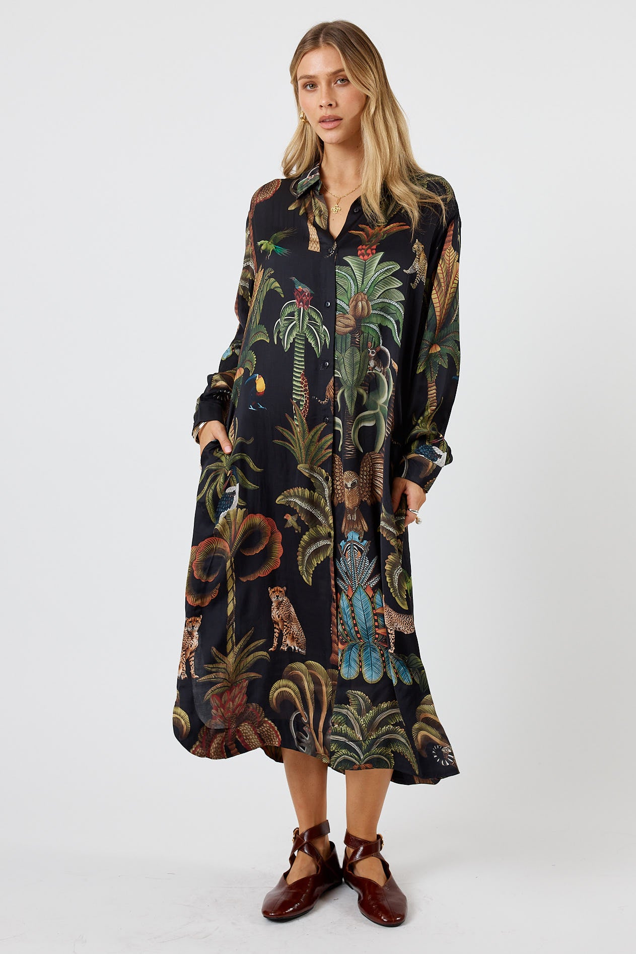 LulaSoul Cheetah Vintage & retro all over jungle print statement bold animal print soft satin button up Shirt dress women’s fashion evening event dress Black work shirt