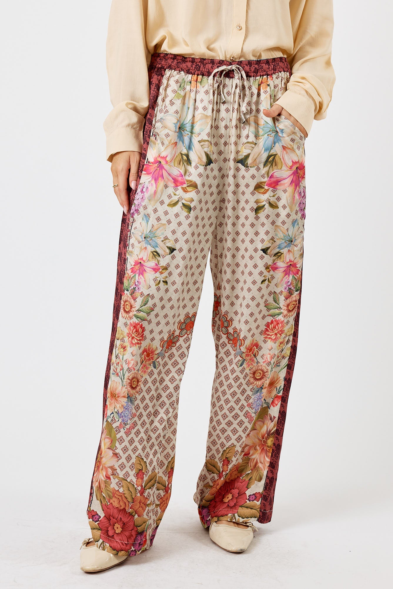 LulaSoul Winnipeg Vintage & retro all over jungle print statement bold burgundy floral print with soft satin straight leg pant Side stripe women’s fashion matching set coordinates two piece