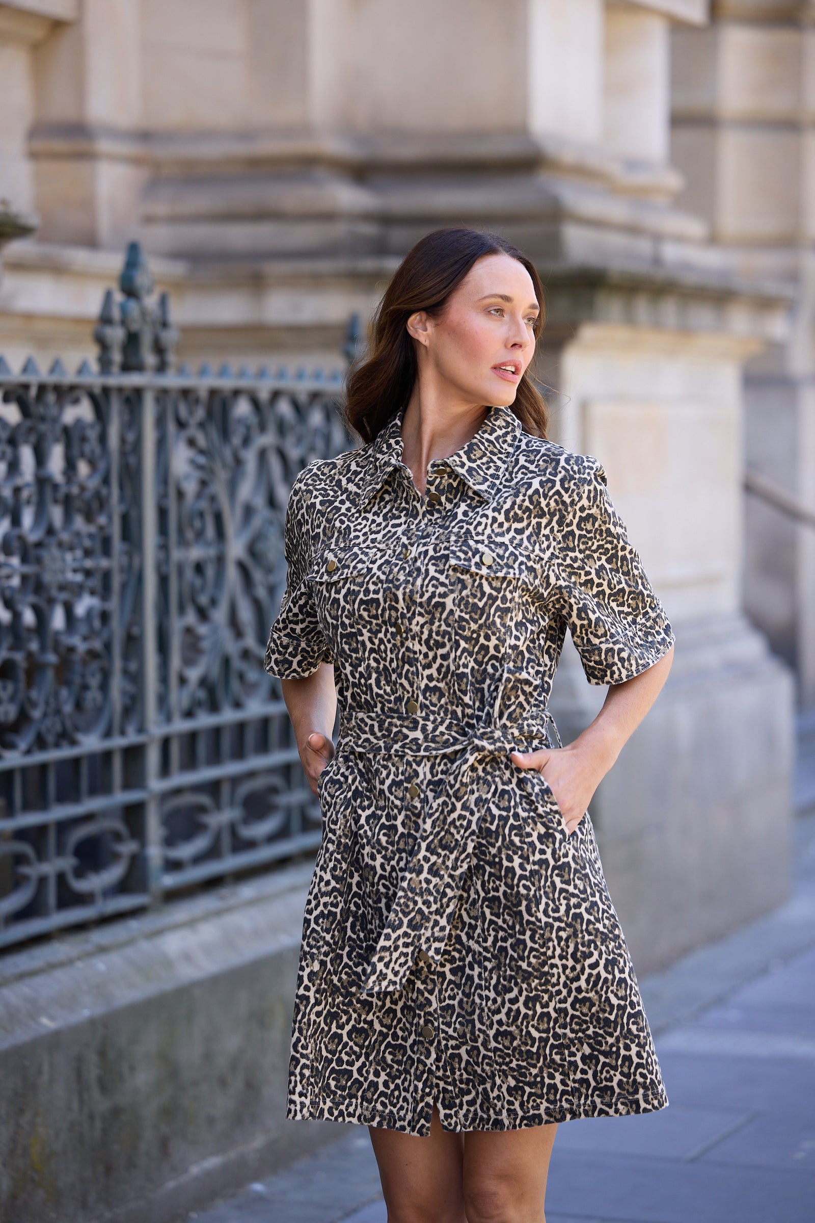 Brave + True Leroy Dress Beige Leopard Denim Short Shirt Dress