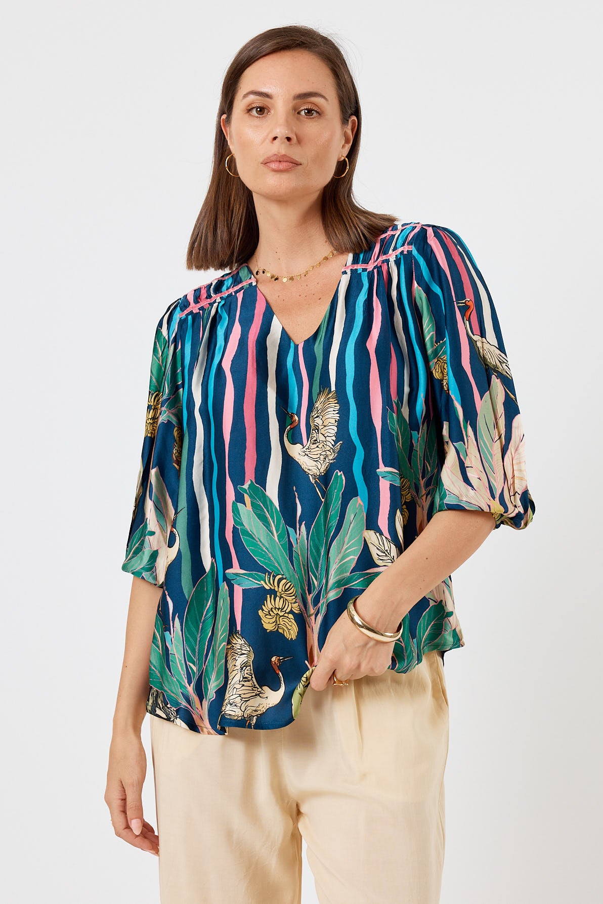 LulaSoul Cambridge Vintage & retro all over floral stripe print statement bold jungle print soft satin button up Shirt women’s fashion blouse