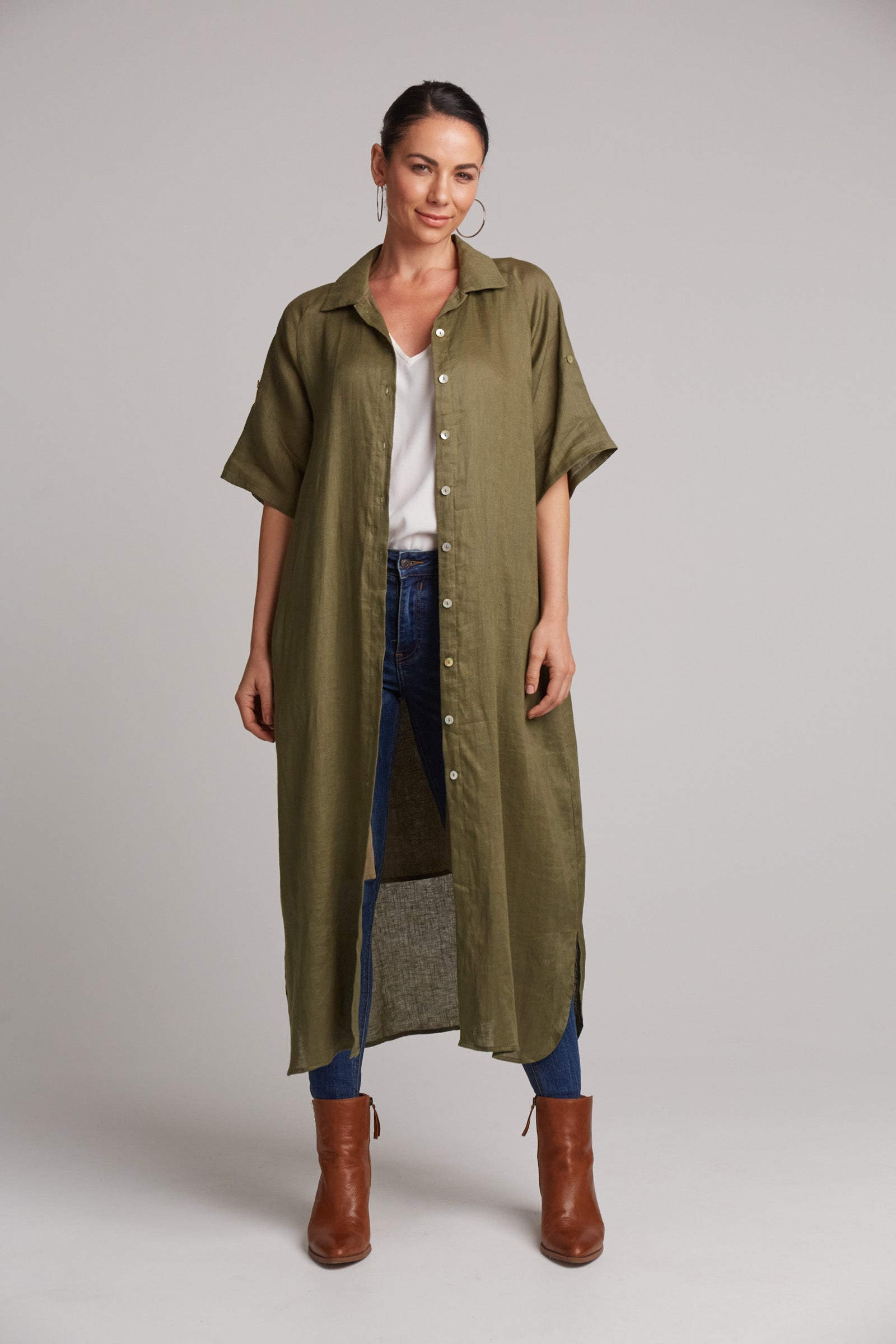 Eb&Ive Studio Linen Maxi Long Shirt Dress with pockets Black Khaki