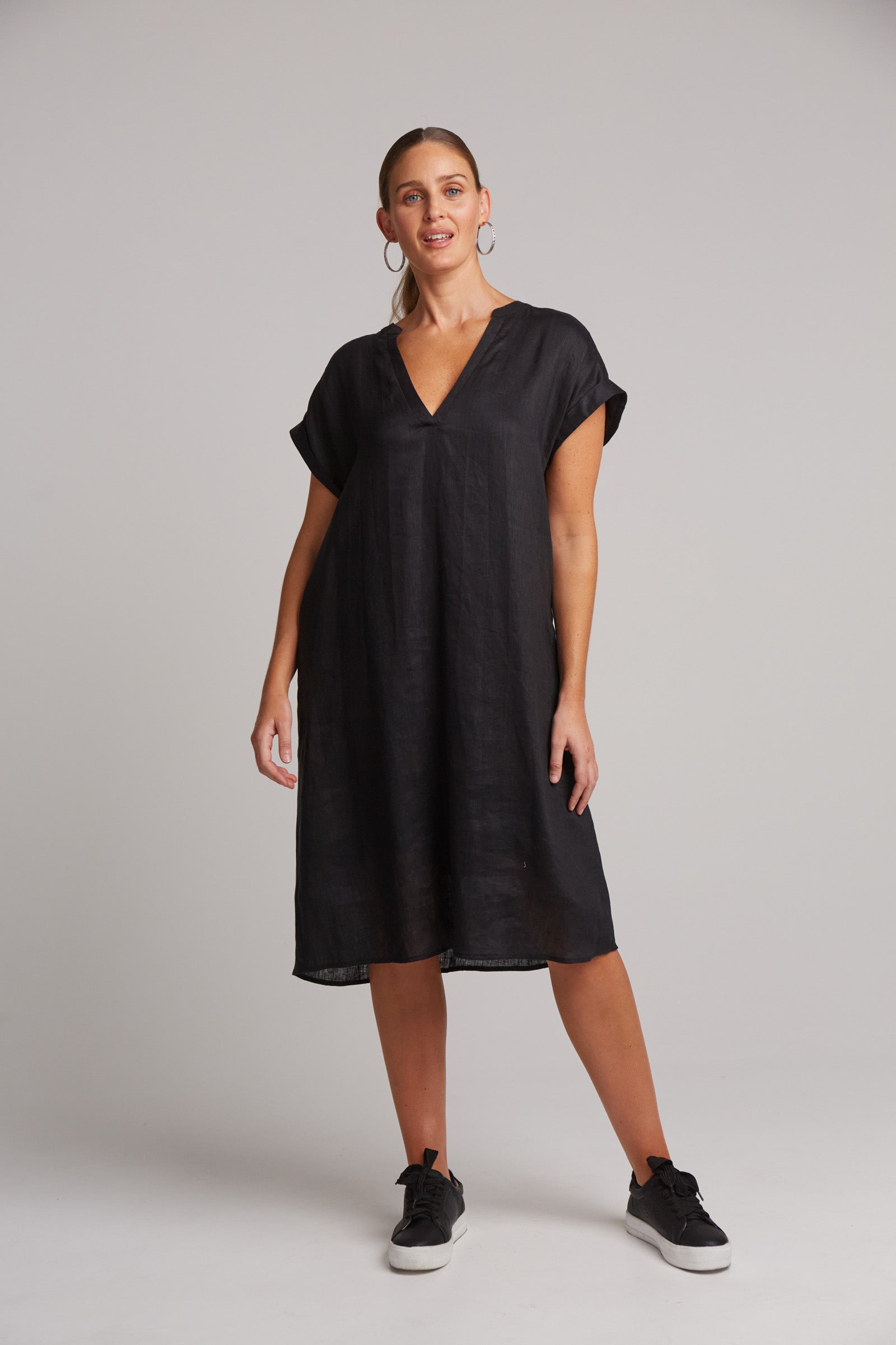 Eb&Ive Studio Linen Midi Dress with pockets Black Work Dress