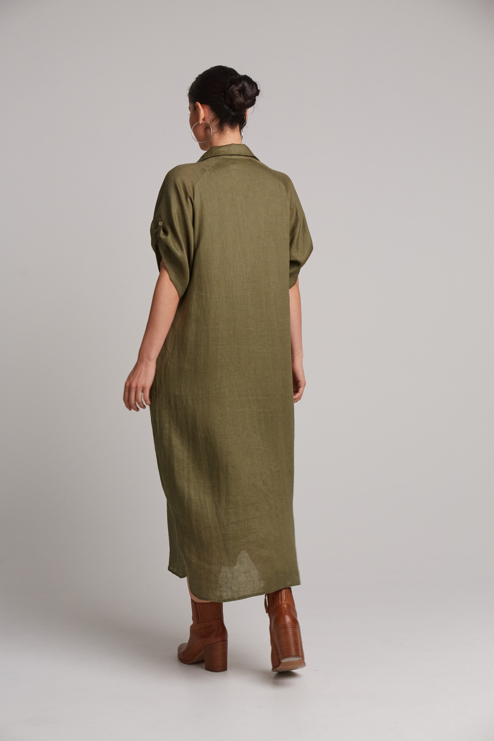 Eb&Ive Studio Linen Maxi Long Shirt Dress with pockets Black Khaki