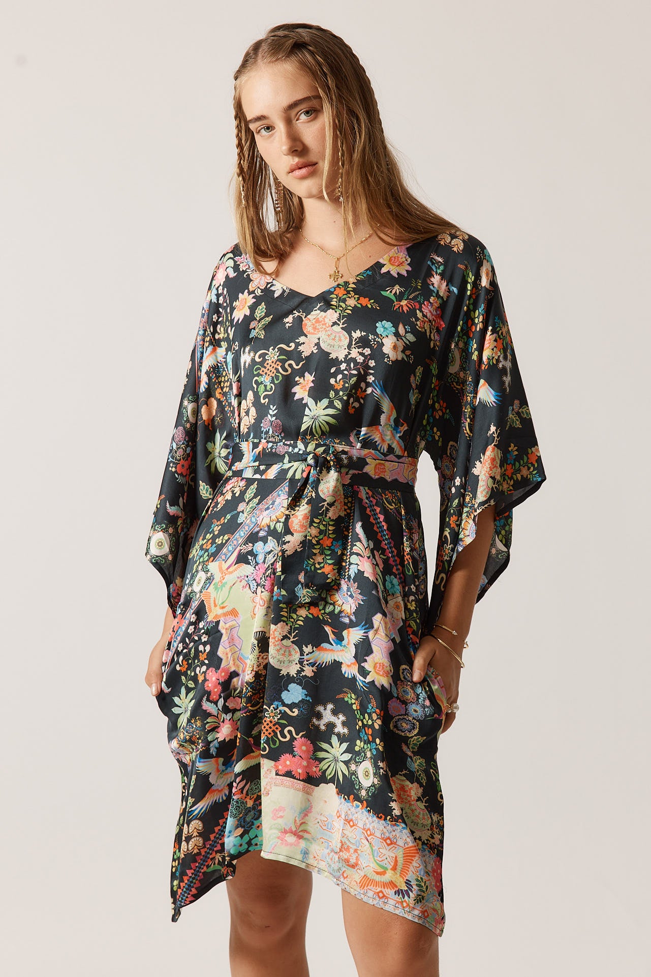 RubyYaya Lala kaftan Vintage & retro all over bird print statement bold Animal print with exclusive soft satin mini dress fashion kimono sleeve evening event dress
