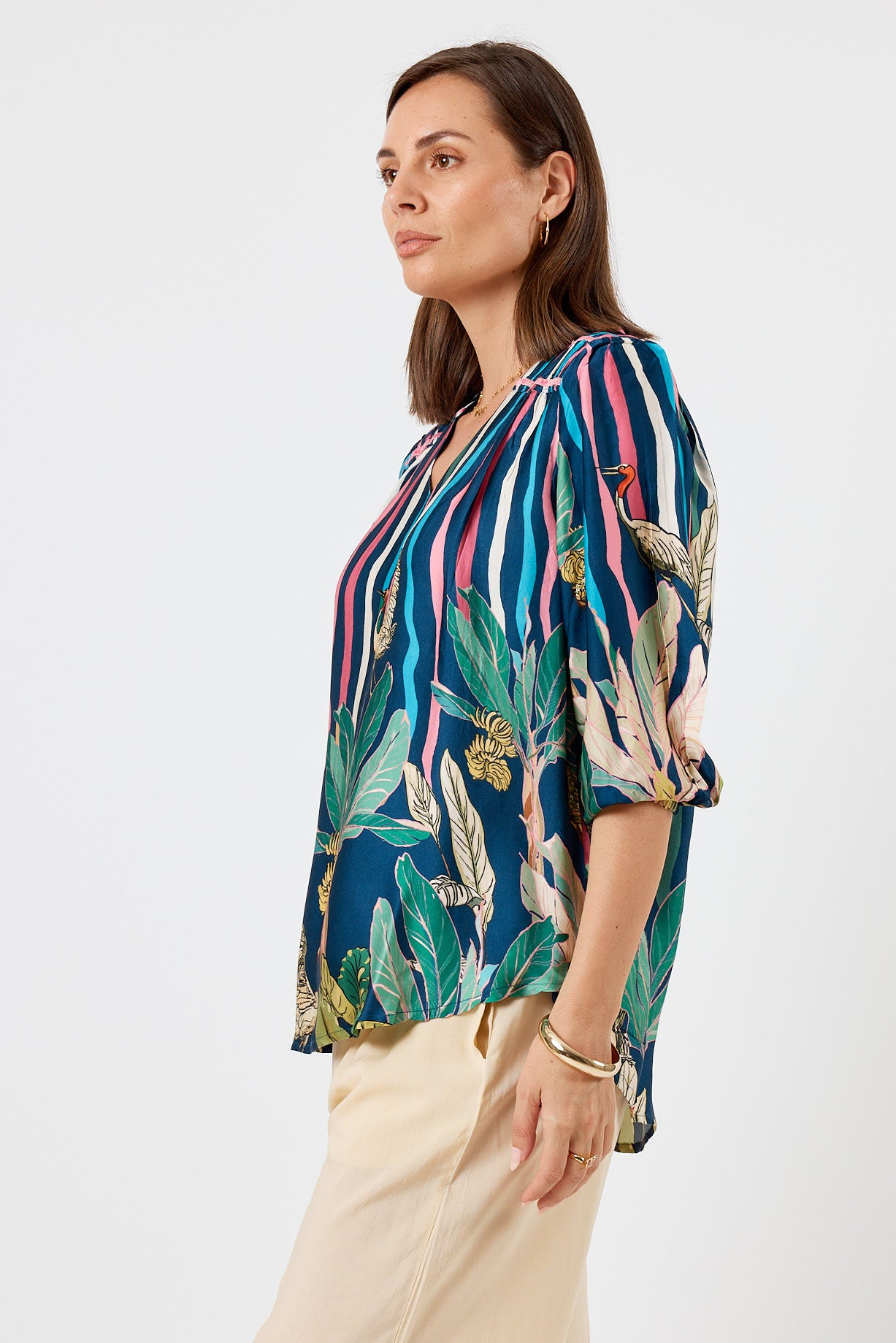 LulaSoul Cambridge Vintage & retro all over floral stripe print statement bold jungle print soft satin button up Shirt women’s fashion blouse
