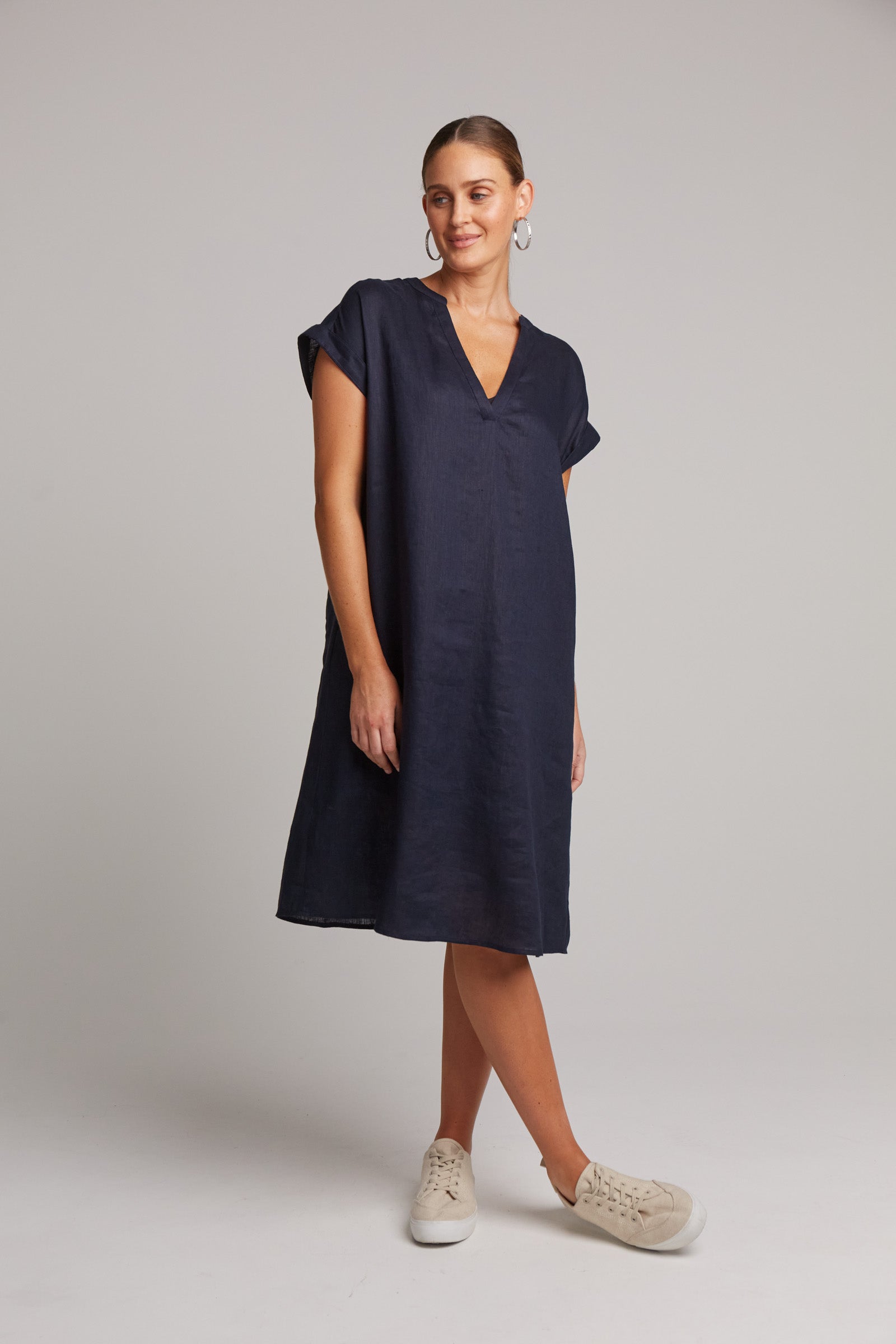 Eb&Ive Studio Linen Midi Dress with pockets Navy Work Dress