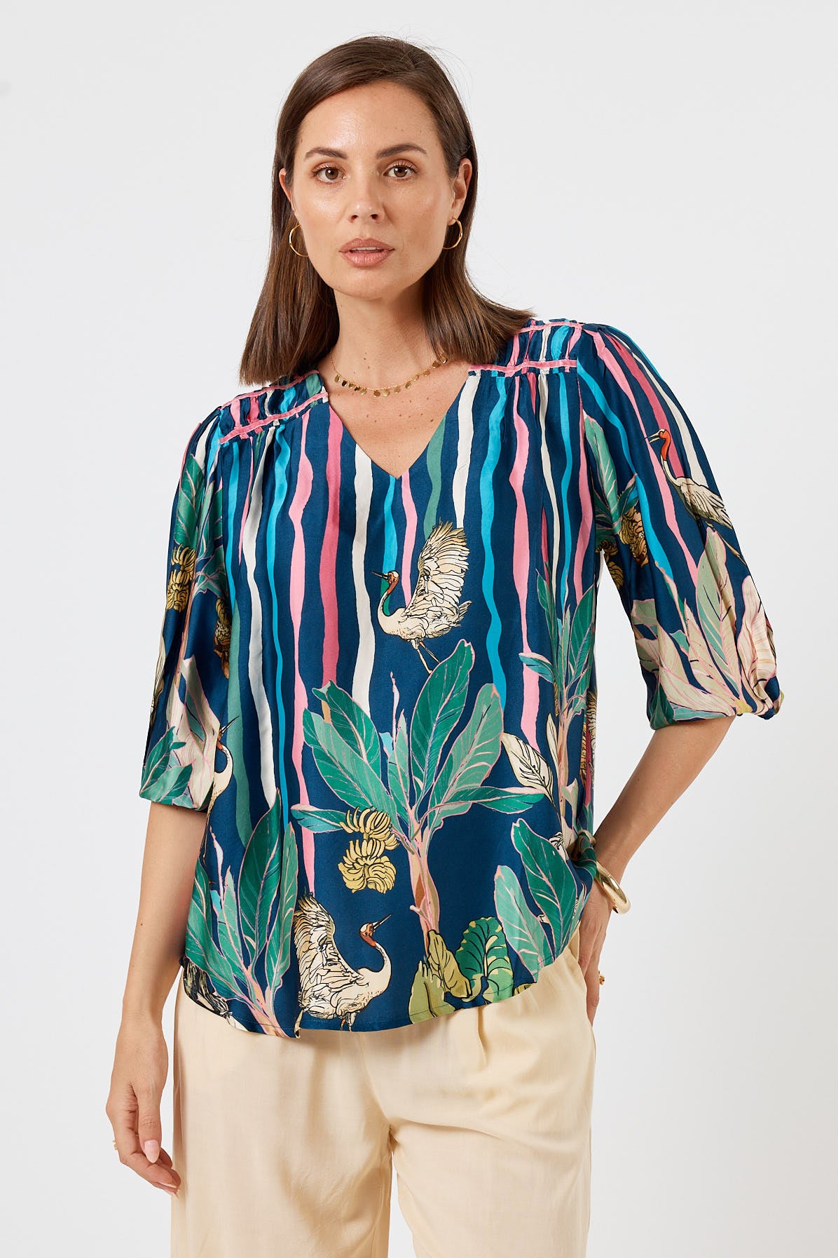 LulaSoul Cambridge Vintage & retro all over floral stripe print statement bold jungle print soft satin button up Shirt women’s fashion blouse