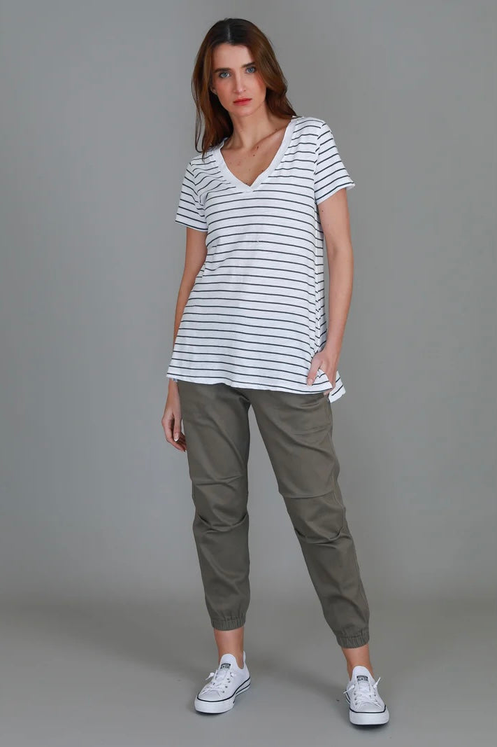 Frankie V Neck Tee - Stripe Navy White